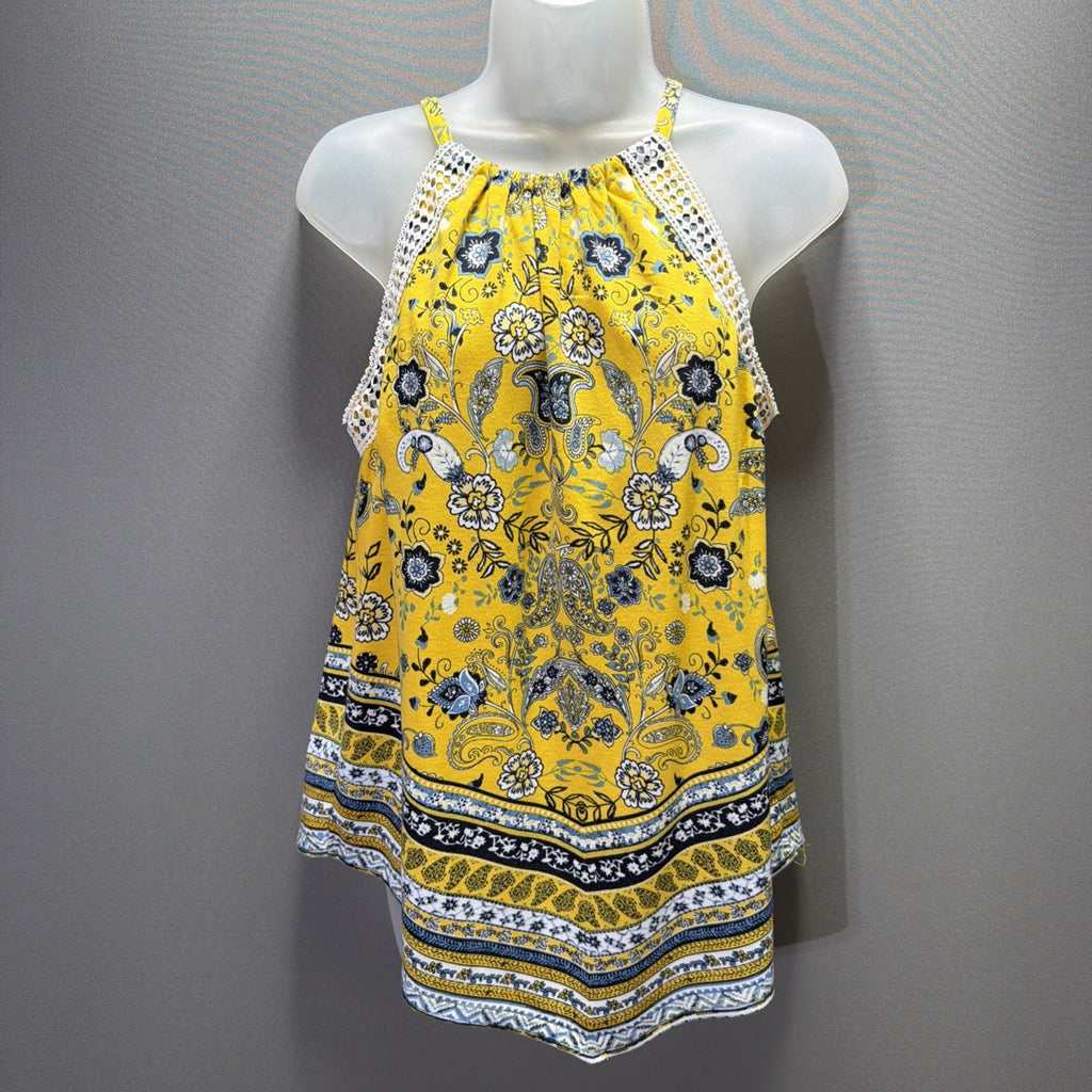 Cato Womens Medium Boho Crochet Neck Tank Top Yellow Blue Paisley