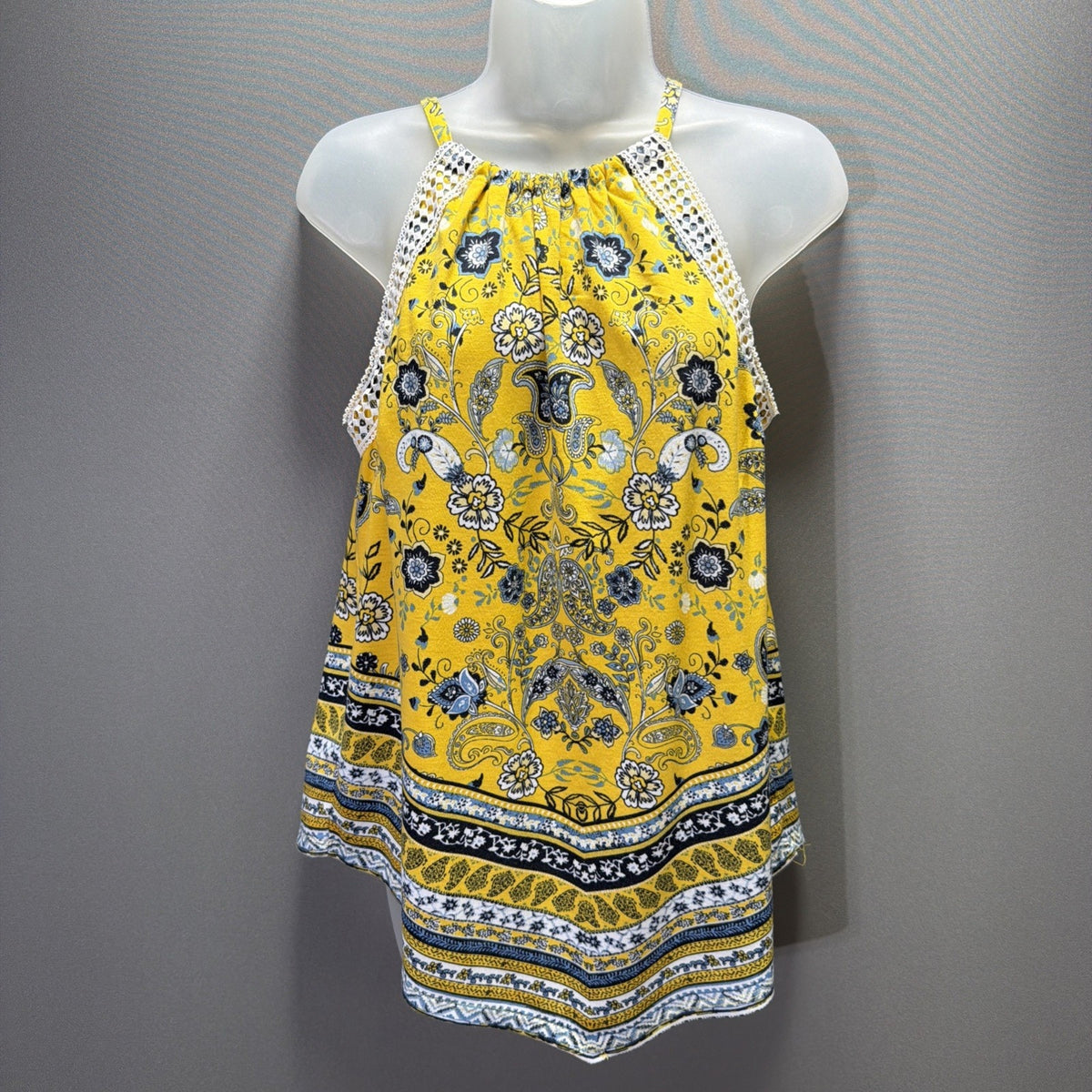 Cato Womens Medium Boho Crochet Neck Tank Top Yellow Blue Paisley