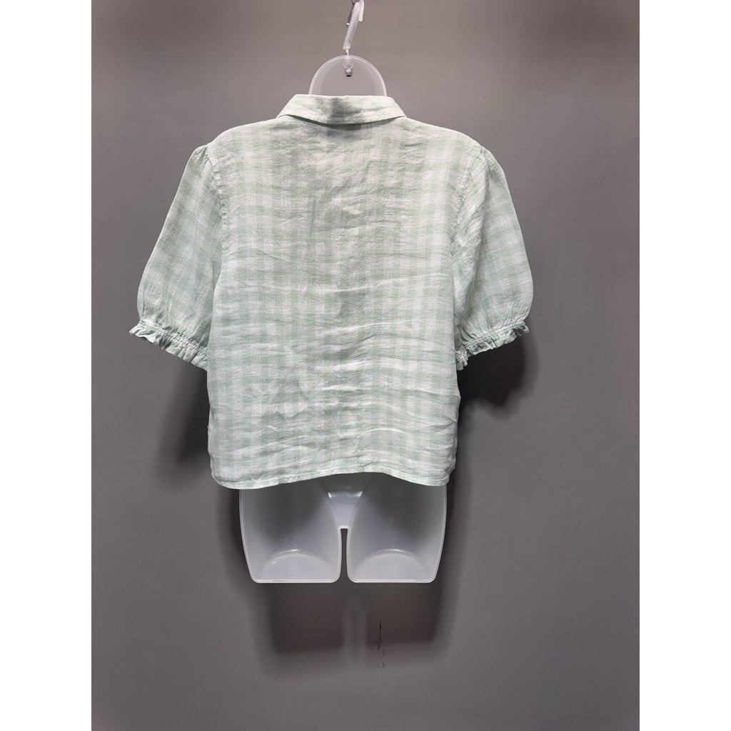 Laura Ashley 100% Linen Mint Green Plaid Button Shirt Large Puff Sleeve