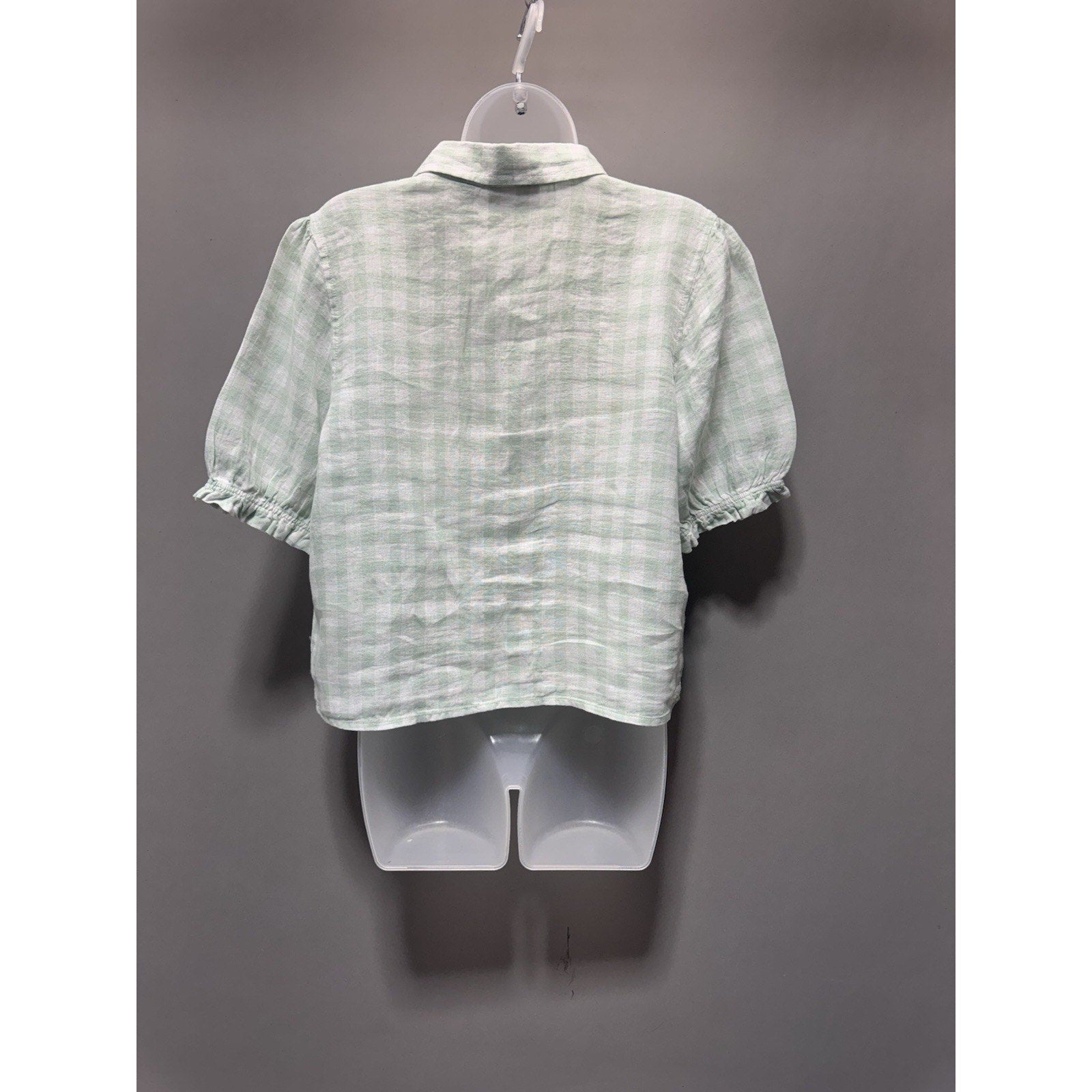 Laura Ashley 100% Linen Mint Green Plaid Button Shirt Large Puff Sleeve