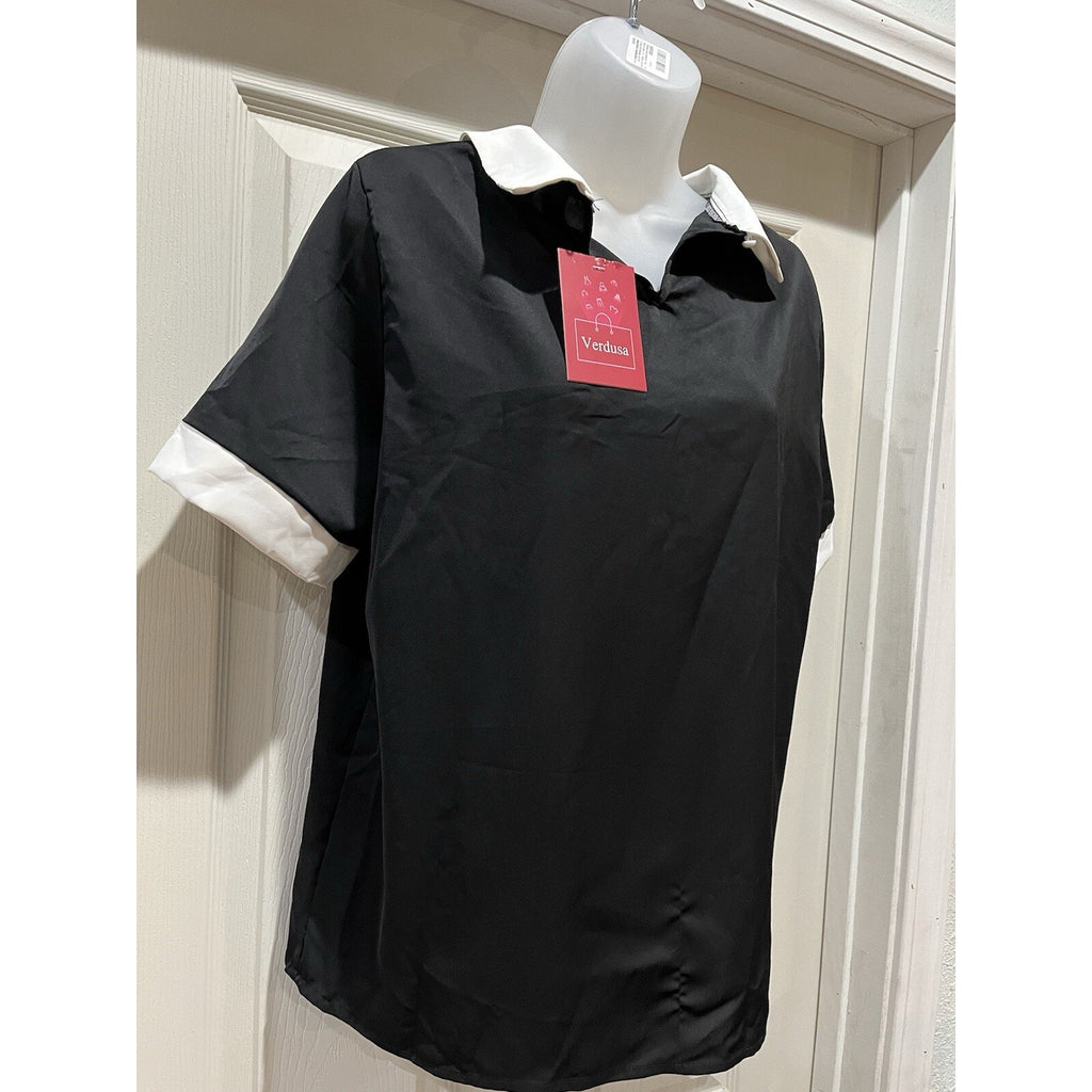 Verdusa Women’s L Black White Contrast Collar Short Sleeve Blouse Top NWT
