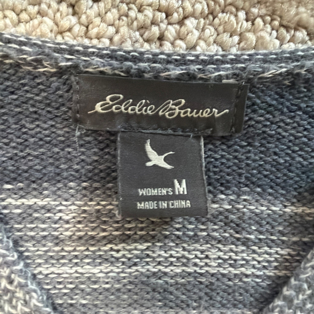 Eddie Bauer Womens M Gray Stripe Cotton Nylon Notch Neck Lightweight Sweater