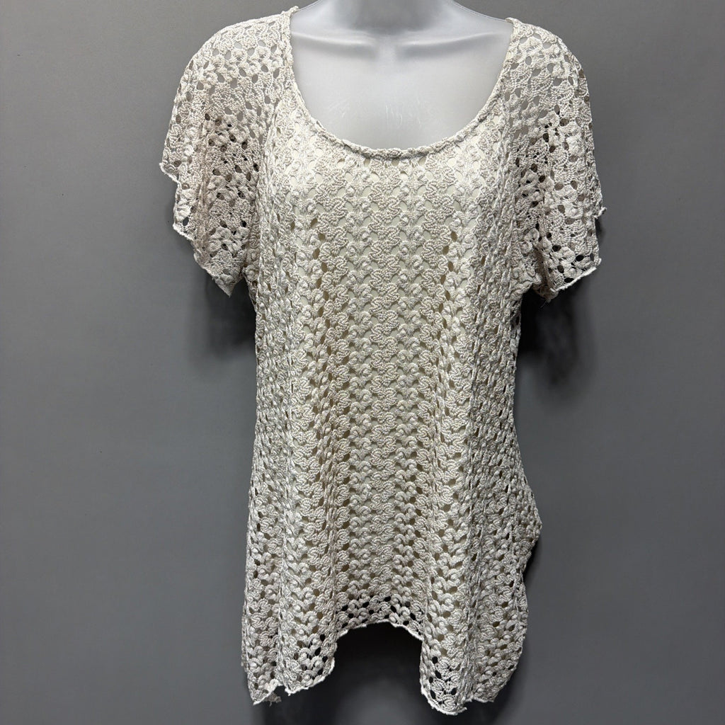 Brittany Black Women Lace Top Size L Ivory Short Sleeve Lined Stretch 5278