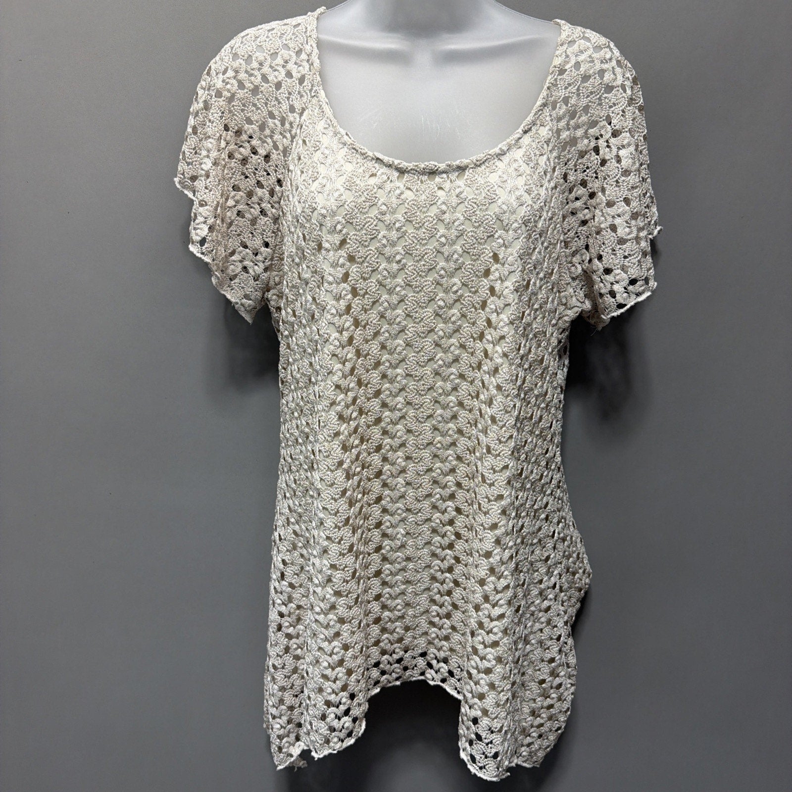 Brittany Black Women Lace Top Size L Ivory Short Sleeve Lined Stretch 5278