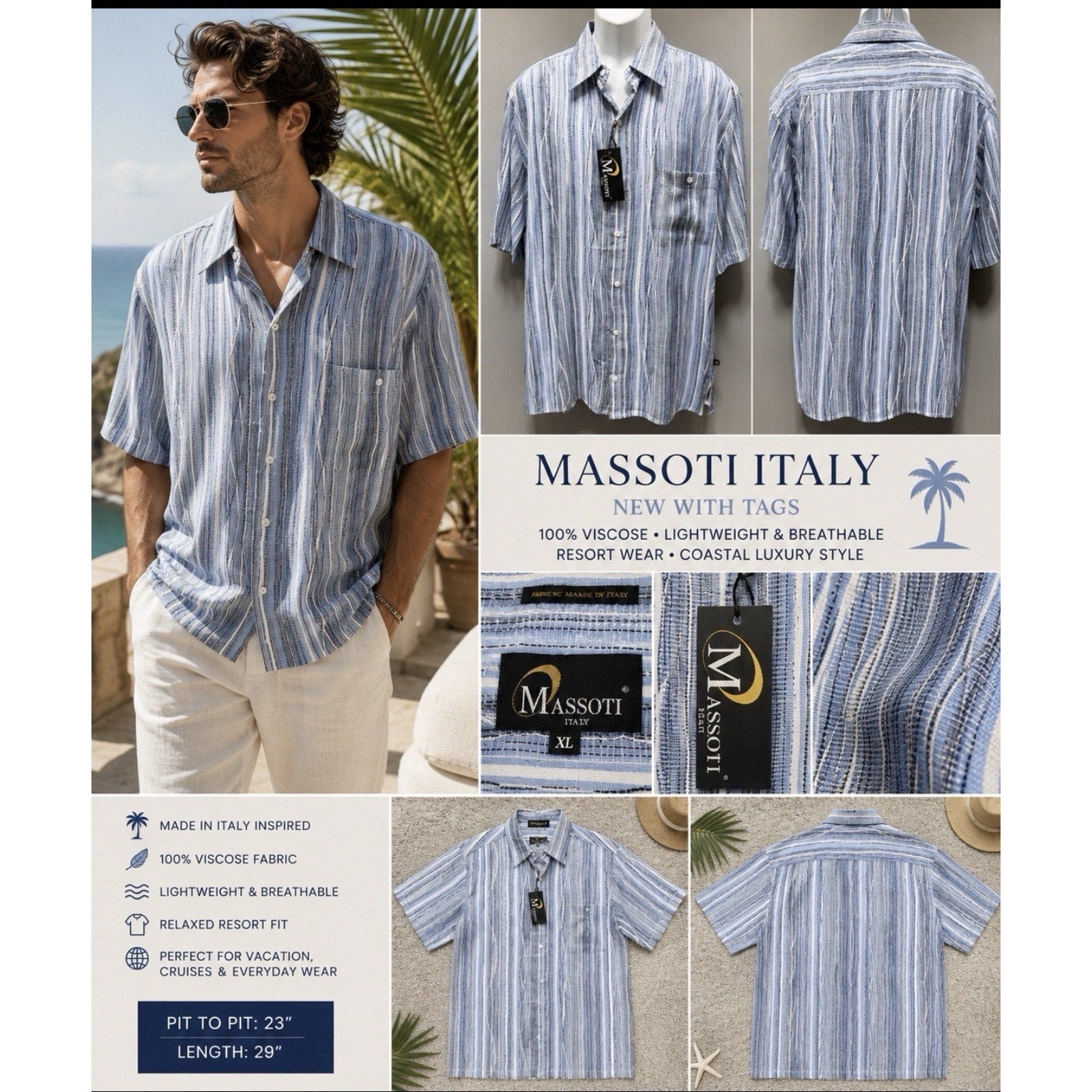 Massoti Italy Men’s XL NWT Blue Striped Viscose Button Front Resort Shirt Casual