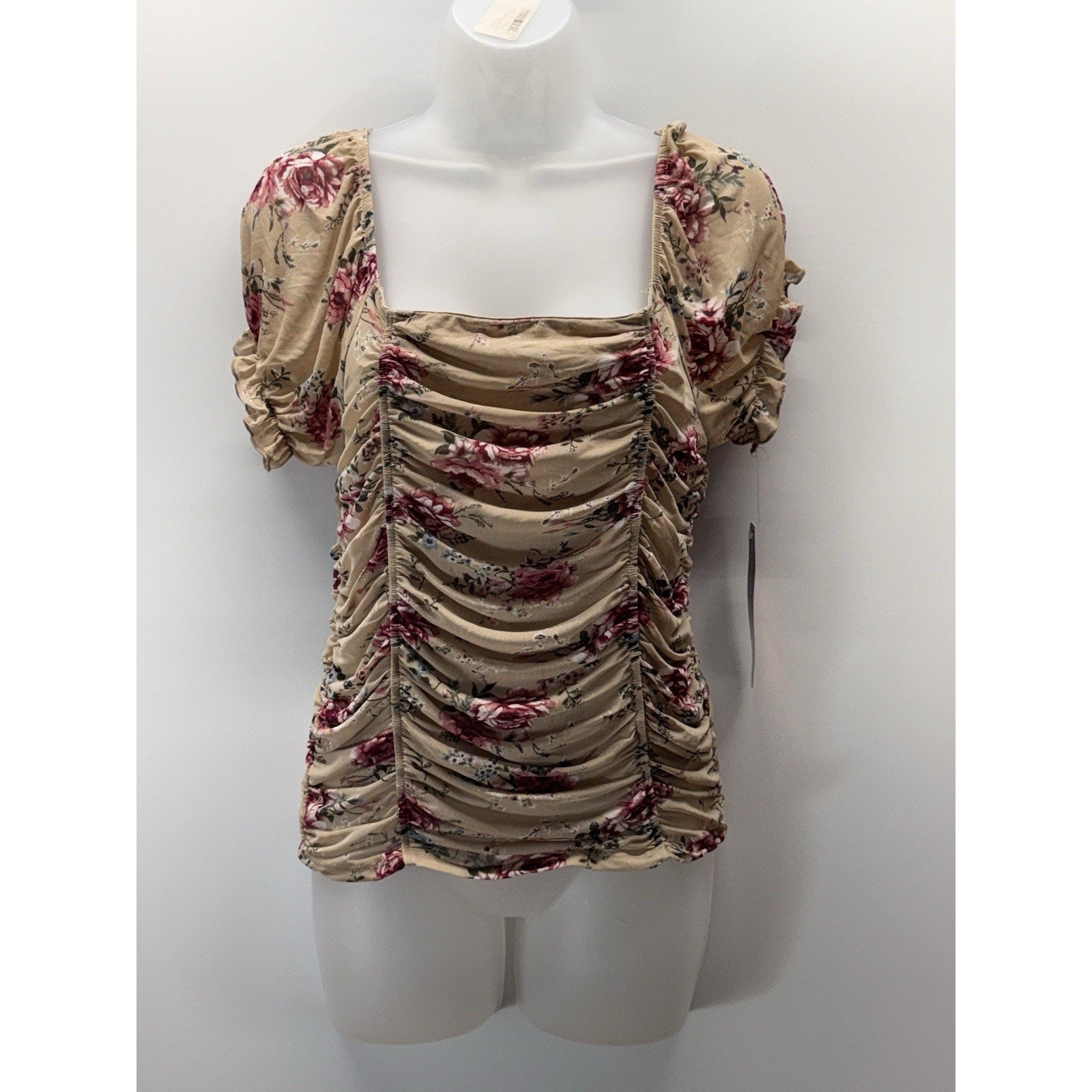 Almost Famous Floral Boho Cottagecore Ruffled Blouse, Tan Women’s Size L NWT