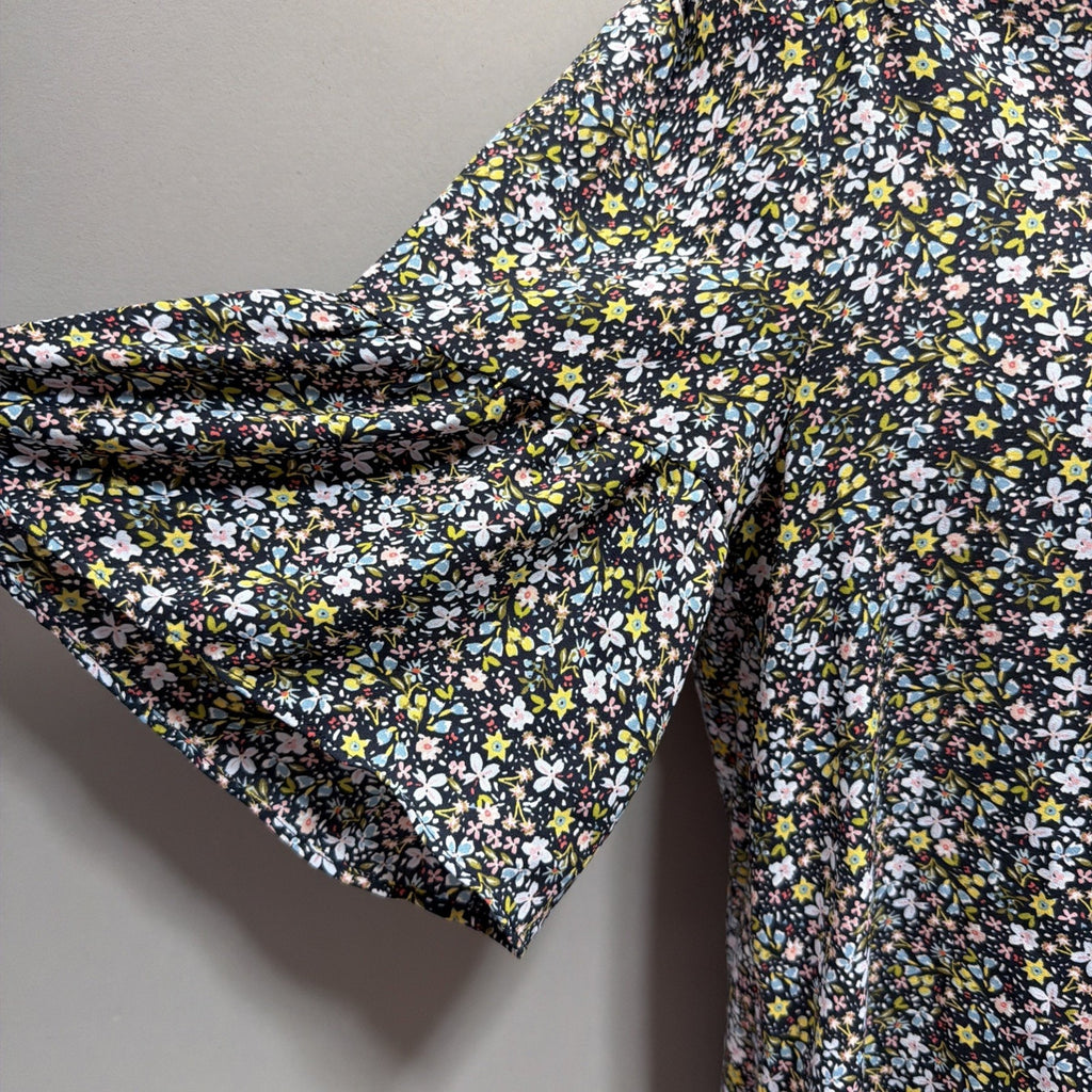 Womens M Loft Floral Print V-Neck Navy Blue Bell Sleeve Blouse Top