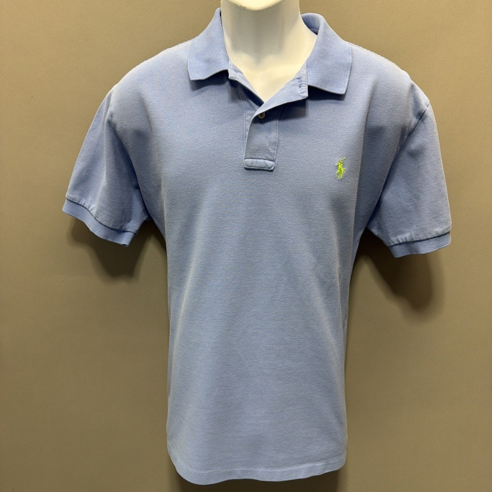 POLO Ralph Lauren Blue Polo Shirt w/Green Pony Logo Mens Large Flaw