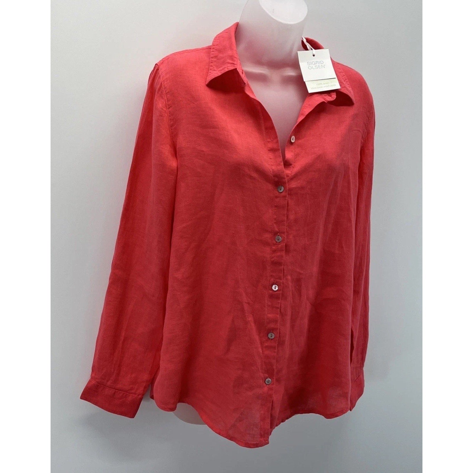 NWT Sigrid Olsen Women's Red Linen Button-Down Shirt - Size M