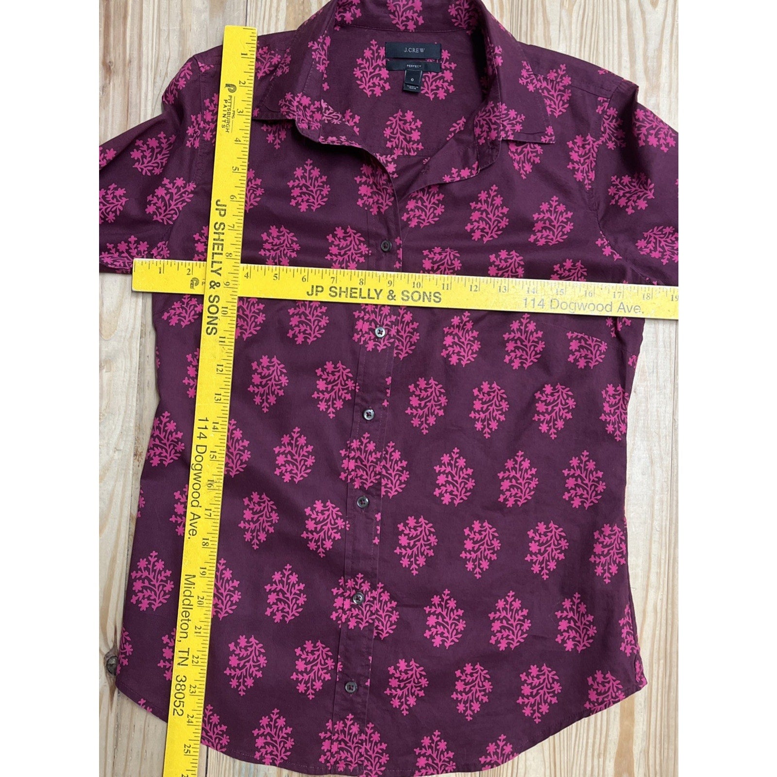 J Crew Perfect Shirt Fern-Printed Cotton Cabernet Burgundy Pink SIZE 0