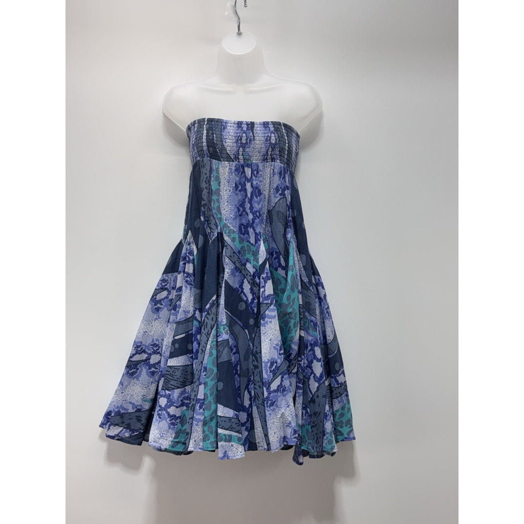 CHELSEA & THEODORE Blue Print Ruffle Tie Tiered Mini Dress Women’s Small NWT
