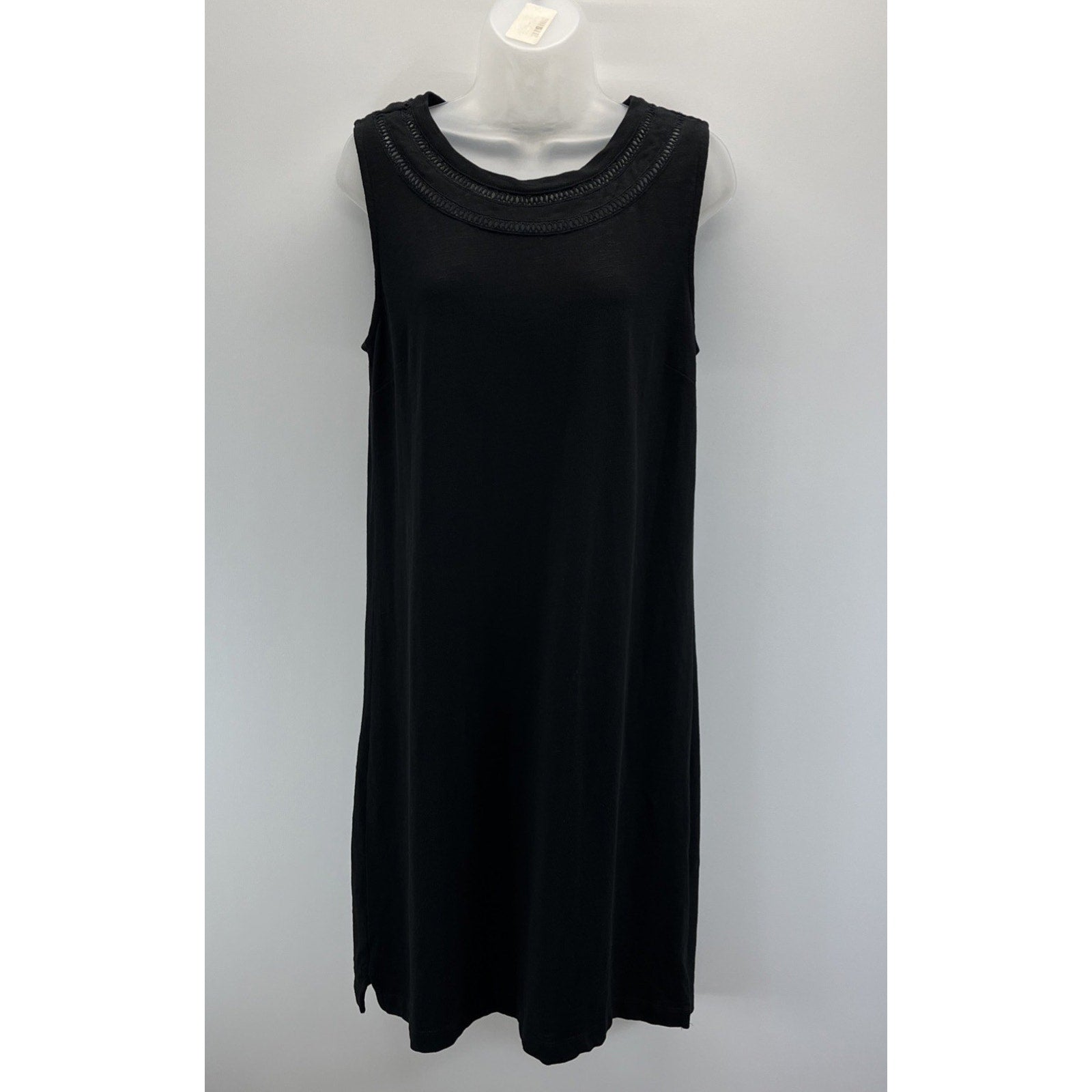 Talbots Black Slub Sleeveless Cotton Embroidered Trim Shift Dress Medium