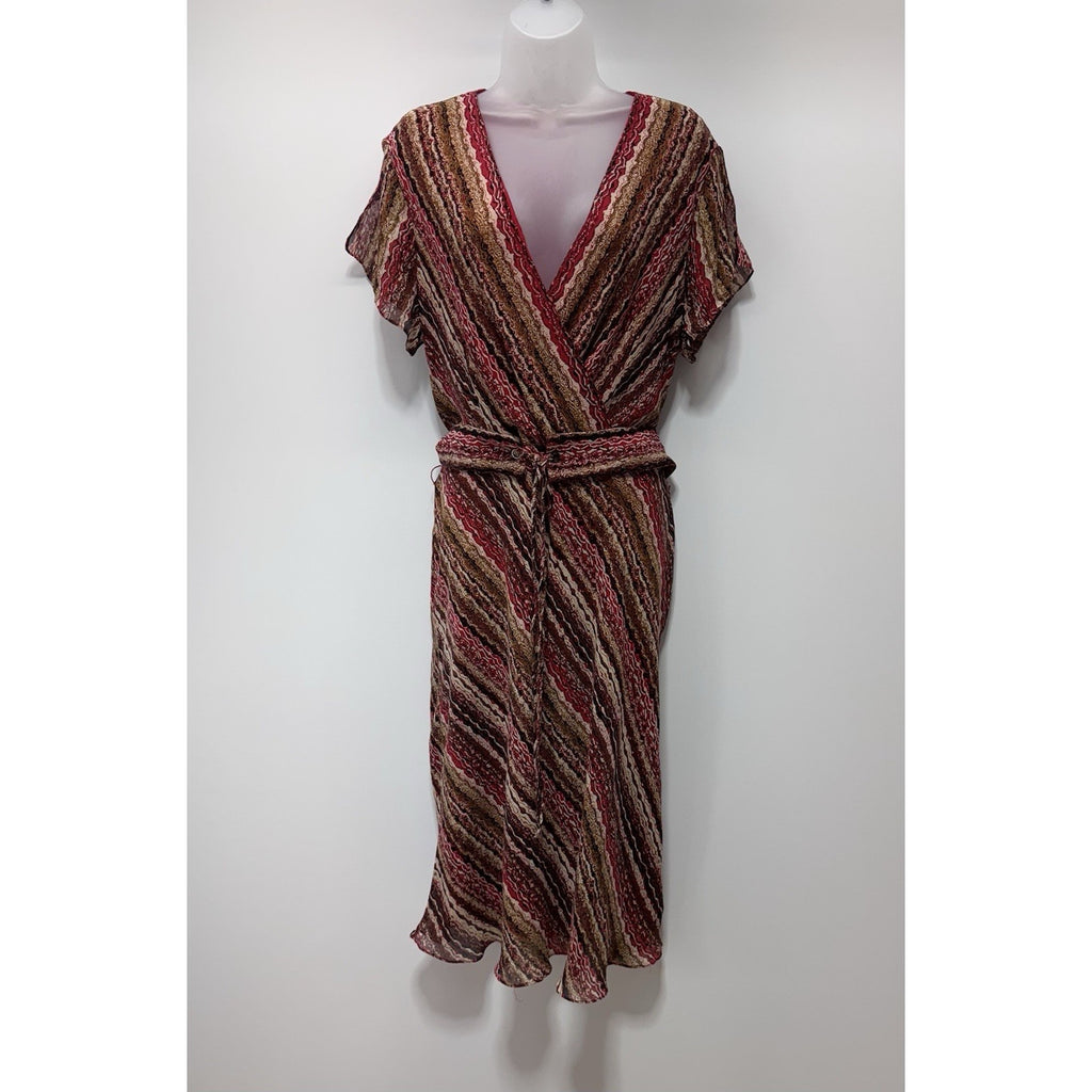Adrianna Papell Silk Belted Red Brown Striped Print Dress Women’s Size 16