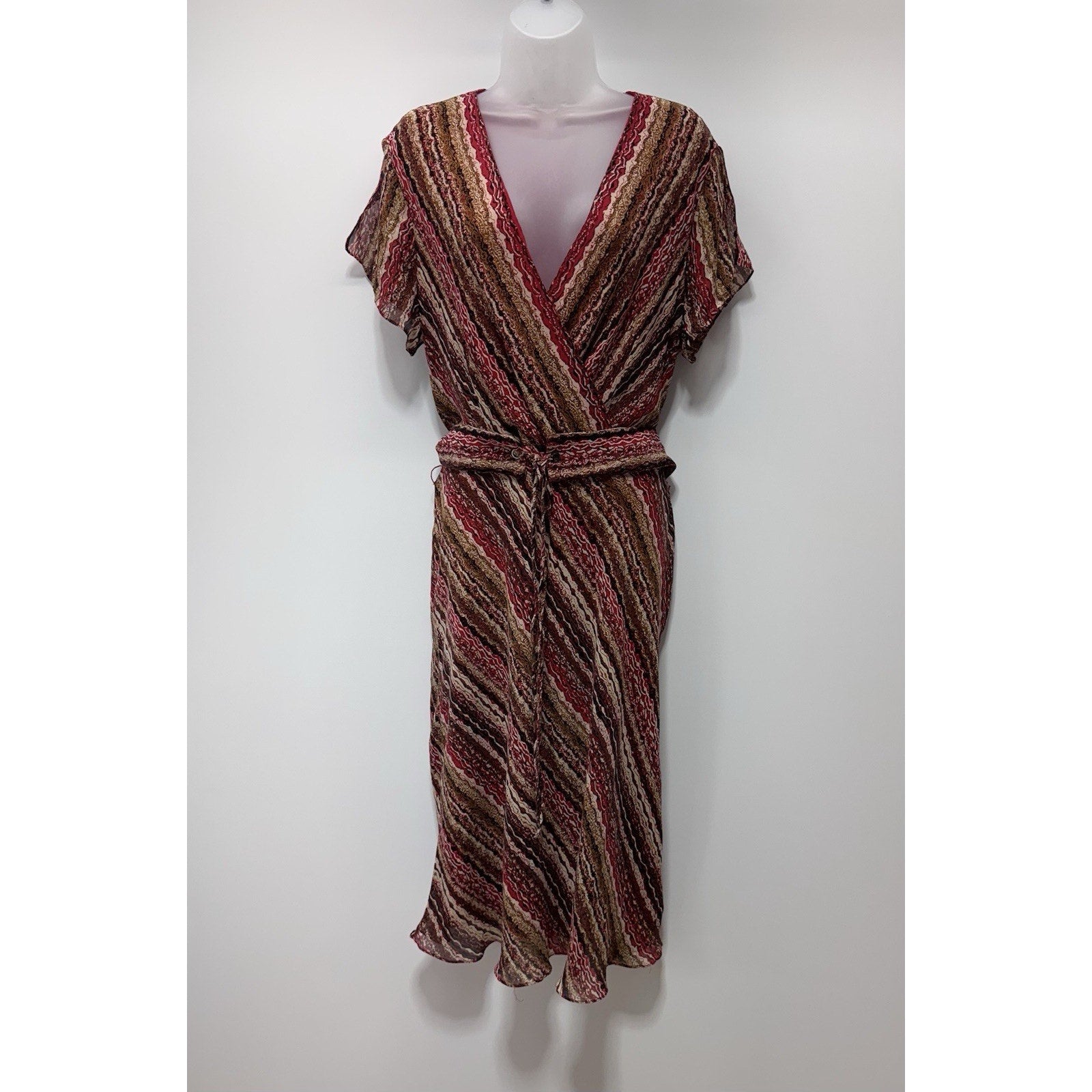 Adrianna Papell Silk Belted Red Brown Striped Print Dress Women’s Size 16