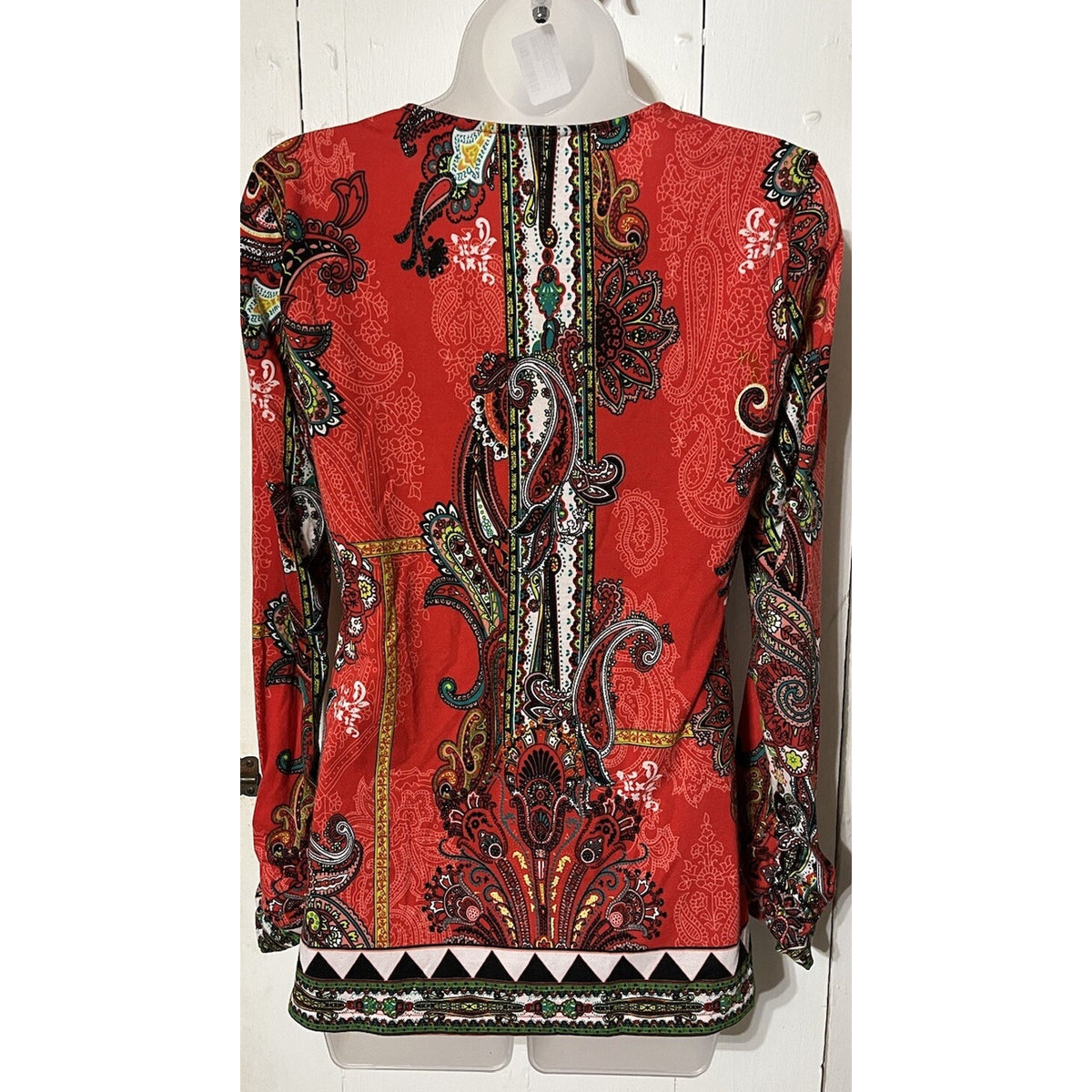 eci New York Women's Size S Long Sleeve V Neck Red Paisley Print Beaded