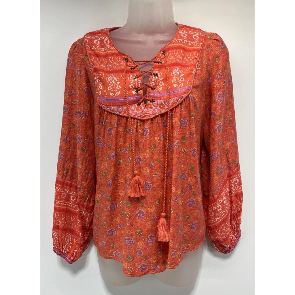 Lucky Brand Floral Lace Up Multi Long Sleeve Peasant Top Blouse Sz S