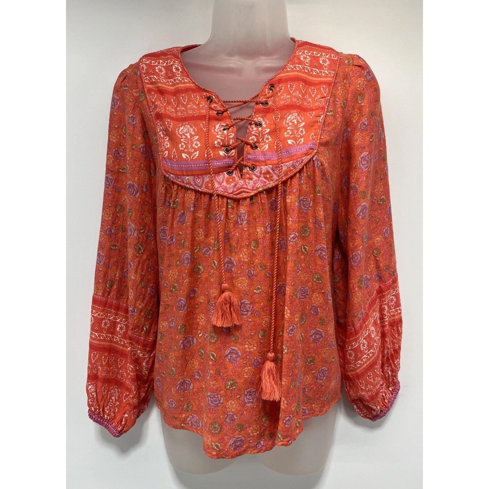 Lucky Brand Floral Lace Up Multi Long Sleeve Peasant Top Blouse Sz S
