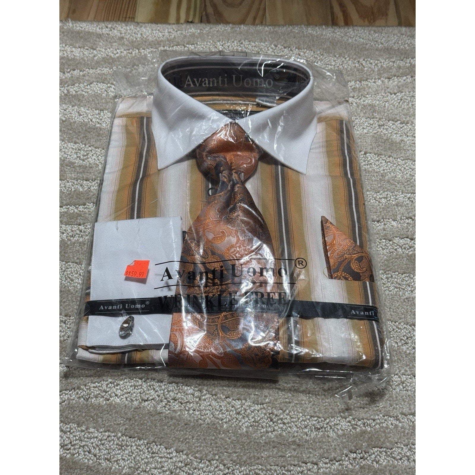 NWT Avanti Uomo 16.5 34/35 Dress Shirt Tie Hanky Cufflinks Set Orange Stripe