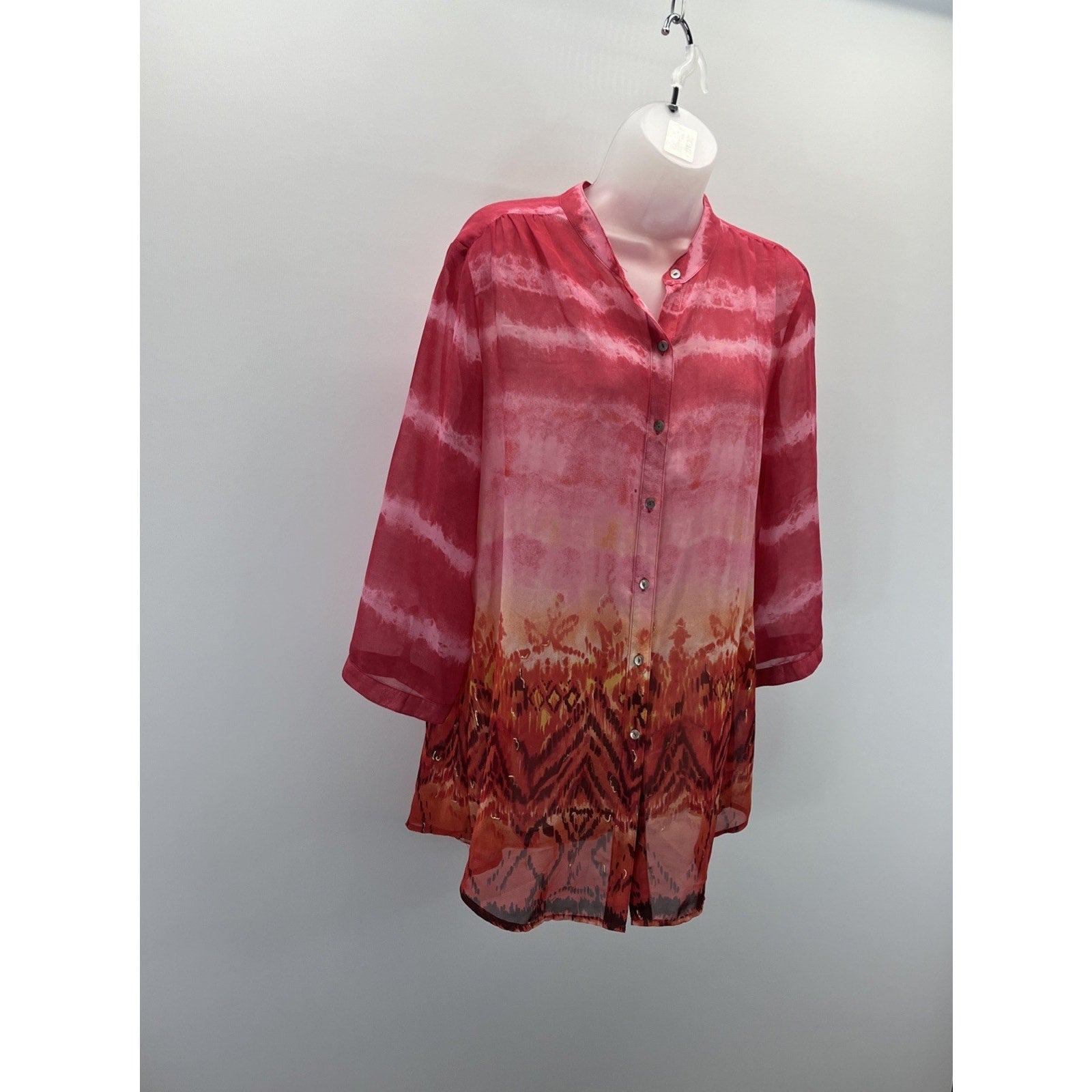 Chico's Top 2 Women's Small Pink Orange Red Sheer 3/4 Sleeve Blouse Button-Up
