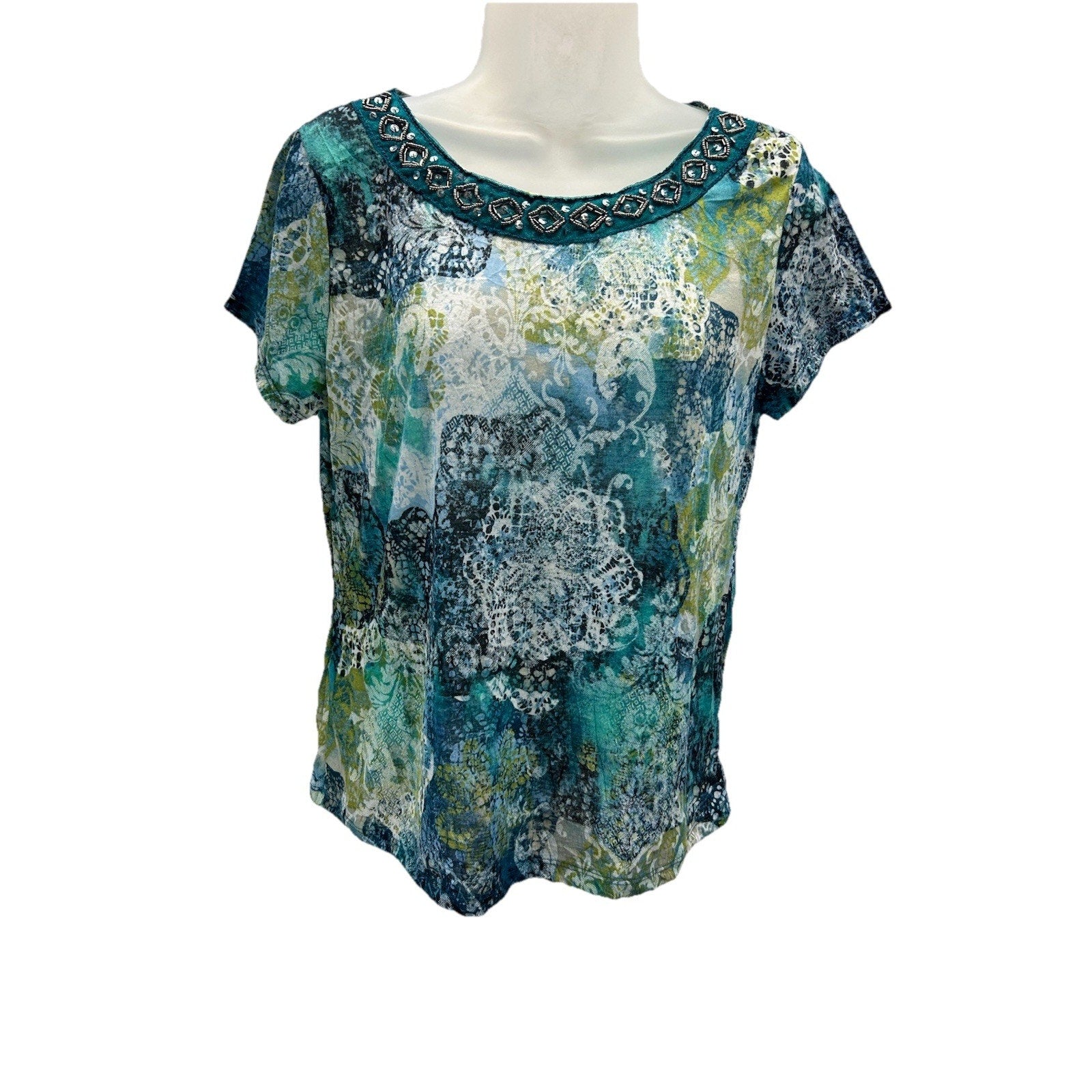 Kim Rogers Shirt Womens PM Blue Watercolor Short Sleeve Pullover.