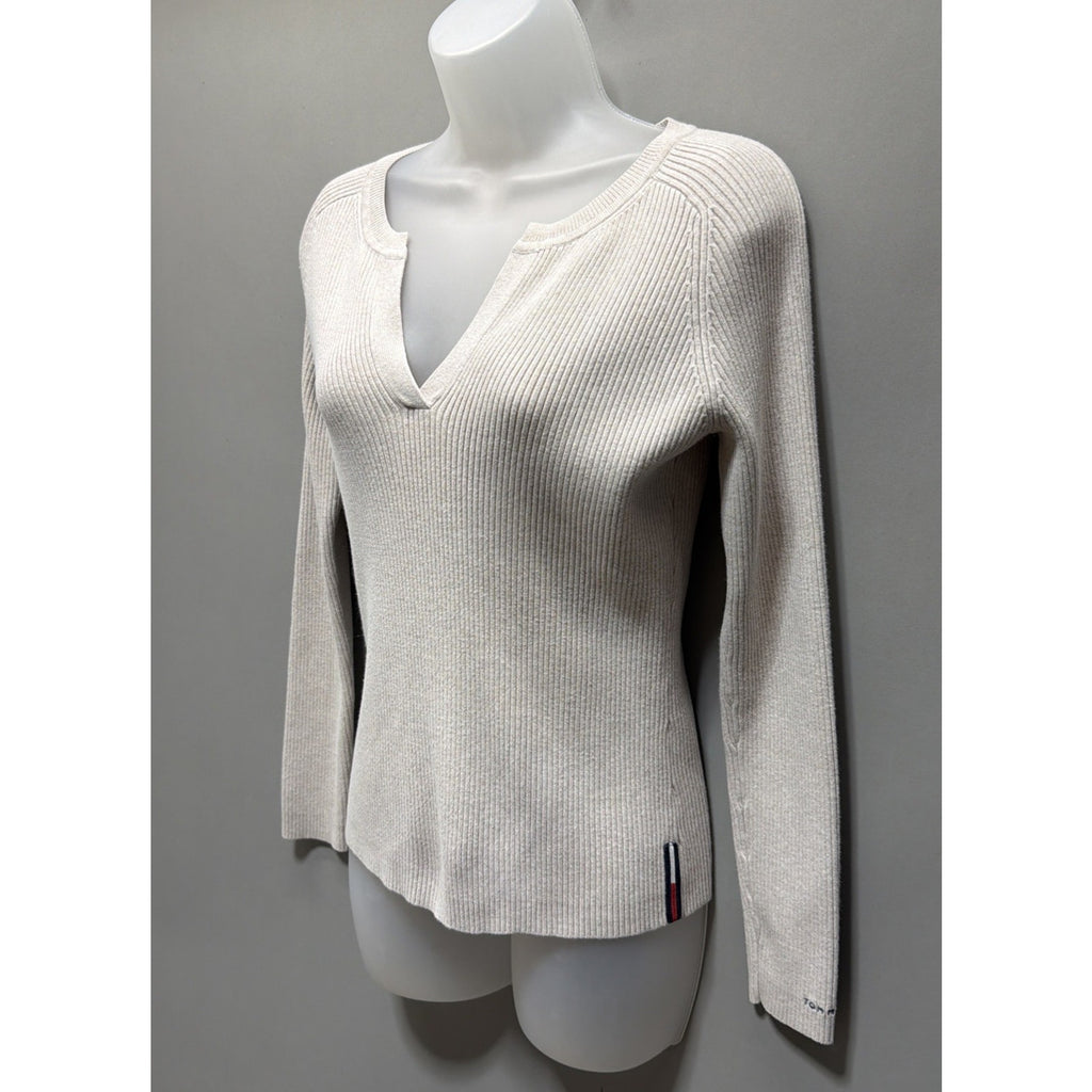 Tommy Hilfiger Jeans Ribbed Sweater Pullover V- Neck Women Beige Size Small