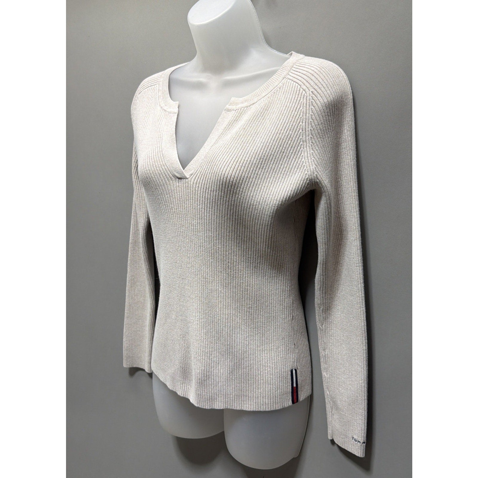 Tommy Hilfiger Jeans Ribbed Sweater Pullover V- Neck Women Beige Size Small