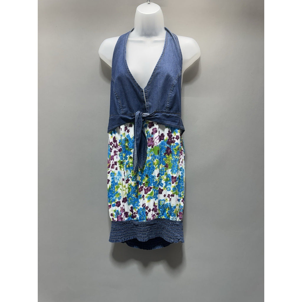 Y2K Denim Halter Dress Floral Bubble Hem Tie Waist Open Back Boho Festival Large