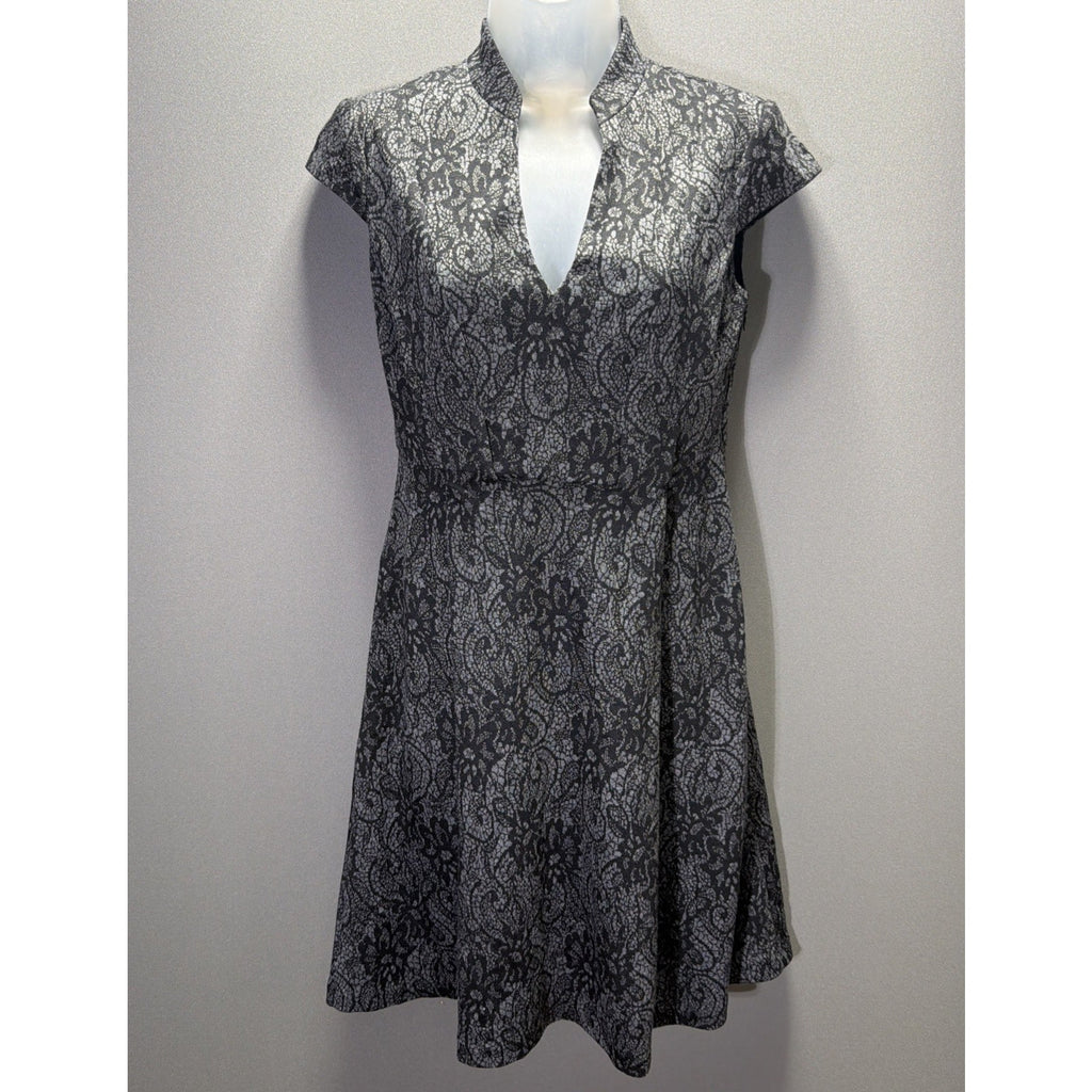 Maggy L Women’s Size 4 Black Gray Lace Print Fit & Flare Dress Cap Sleeve