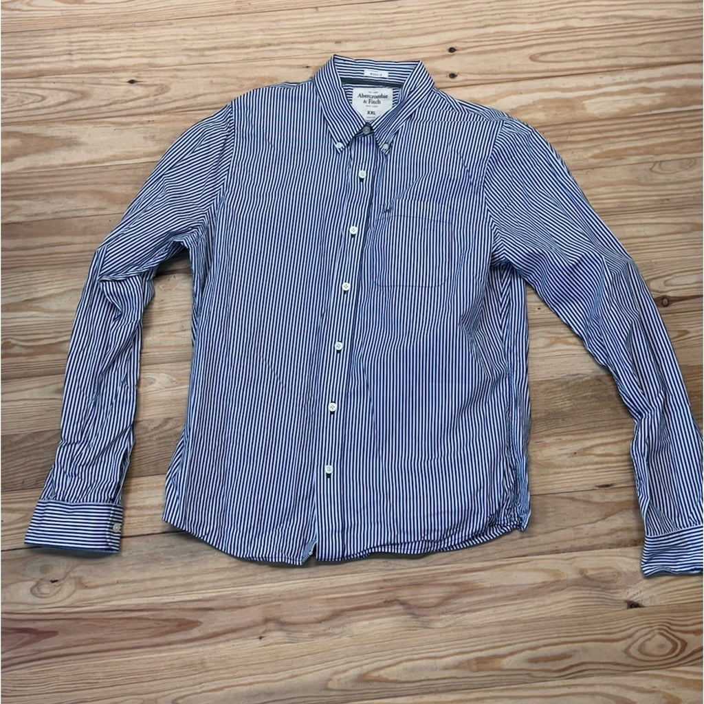 Abercrombie & Fitch Button Up Shirt Men’s White Blue Stripe Muscle Long Sleeve