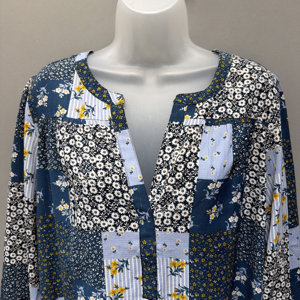 ANN TAYLOR LOFT Blouse M Blue Sheer Patchwork Boho Ditzy Fairy Floral Top
