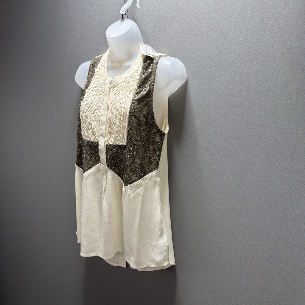 New BKE Buckle Top Womens Medium Ruffle Sequin Sleeveless Cream Brown NWT
