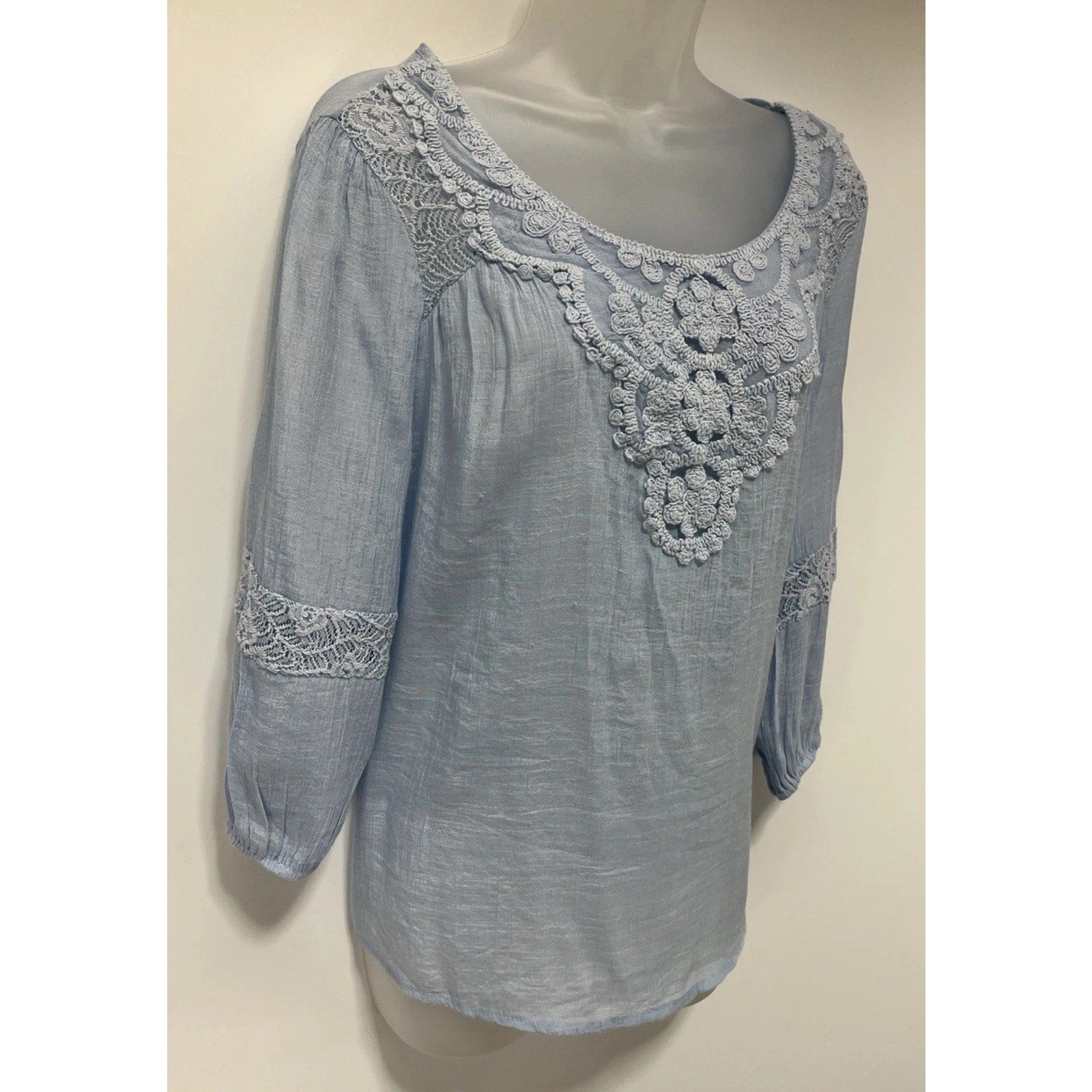 Indigo Rose M Blue Long Balloon Sleeve Crochet Lace Floral Embroidered Top