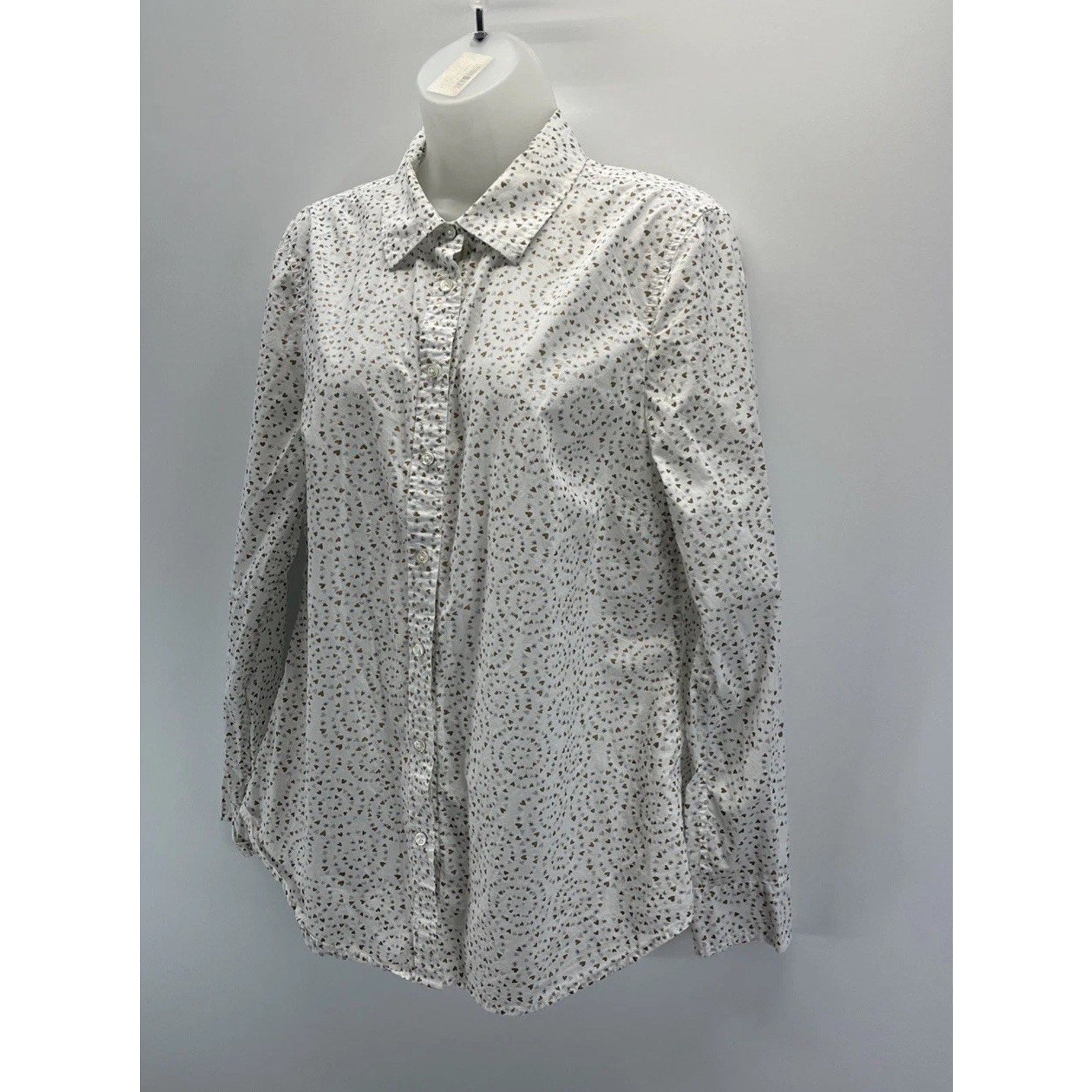 Talbots White W Hearts Lightweight Long Sleeve Button Up Blouse Size Medium