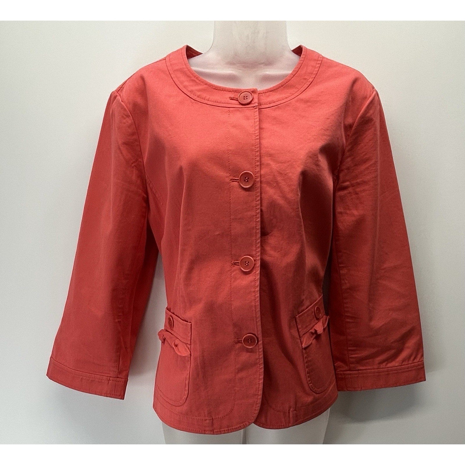 Talbots Blazer Womens Size 16 Coral Colored Ruffled Pockets 98% Cotton Jacket.