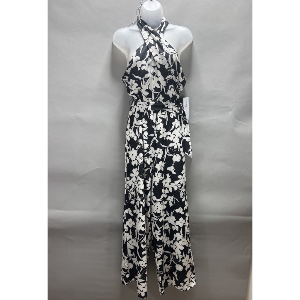 NWT London Times Size 10 Black White Floral Halter Wide Leg Jumpsuit Belted
