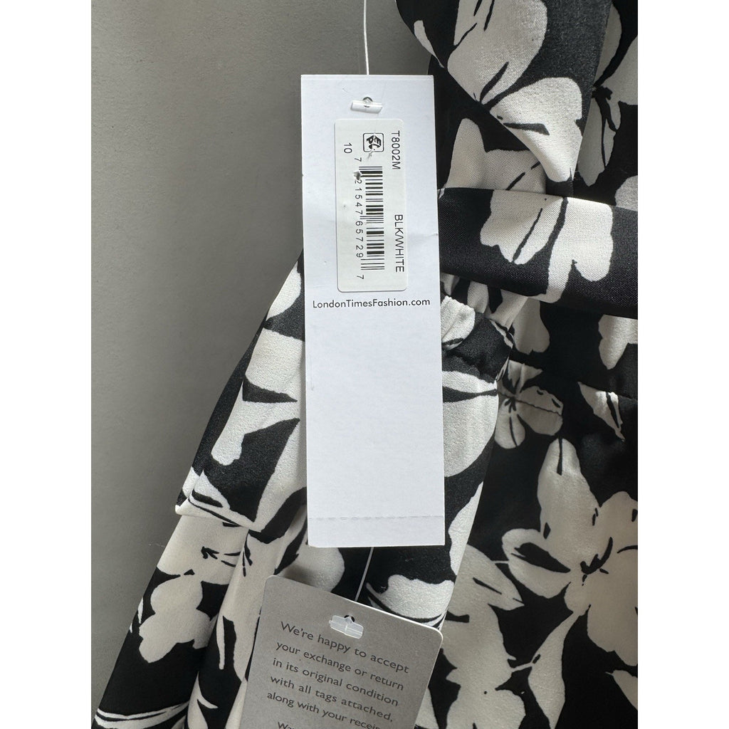 NWT London Times Size 10 Black White Floral Halter Wide Leg Jumpsuit Belted