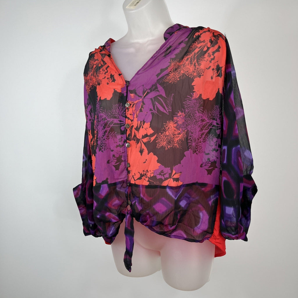 Fig & Flower Top Size M Purple Red Colorful Tie Front Sheer Popover Shirt
