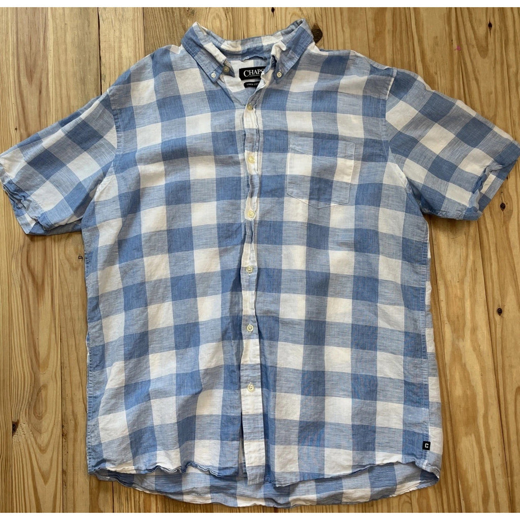 Chaps Shirt Mens Size XL LINEN Button Front Blue White Buffalo Plaid Casual