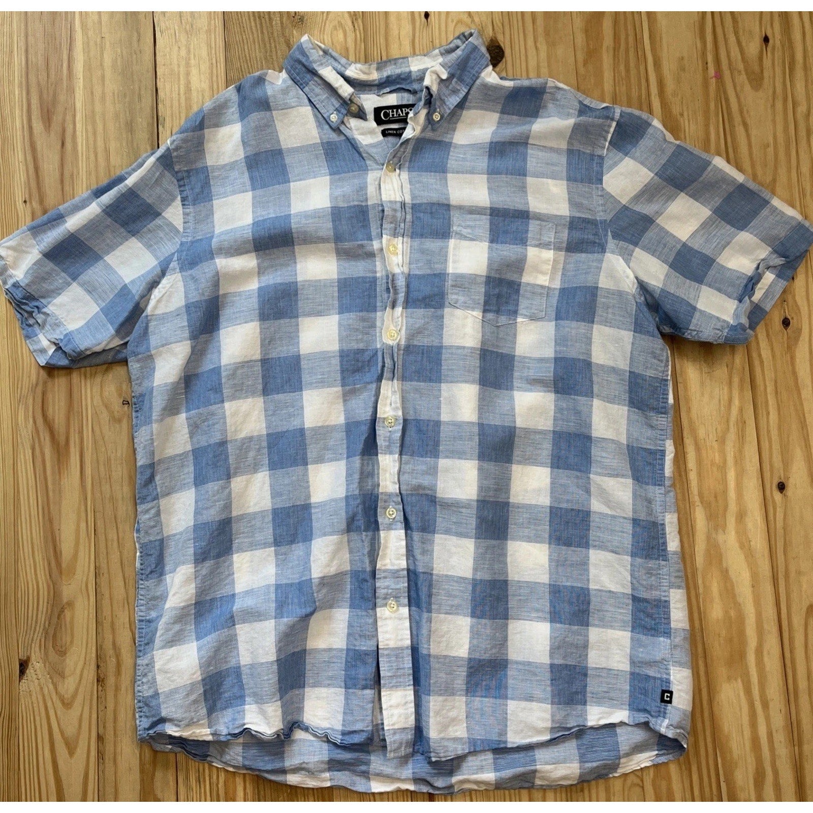 Chaps Shirt Mens Size XL LINEN Button Front Blue White Buffalo Plaid Casual
