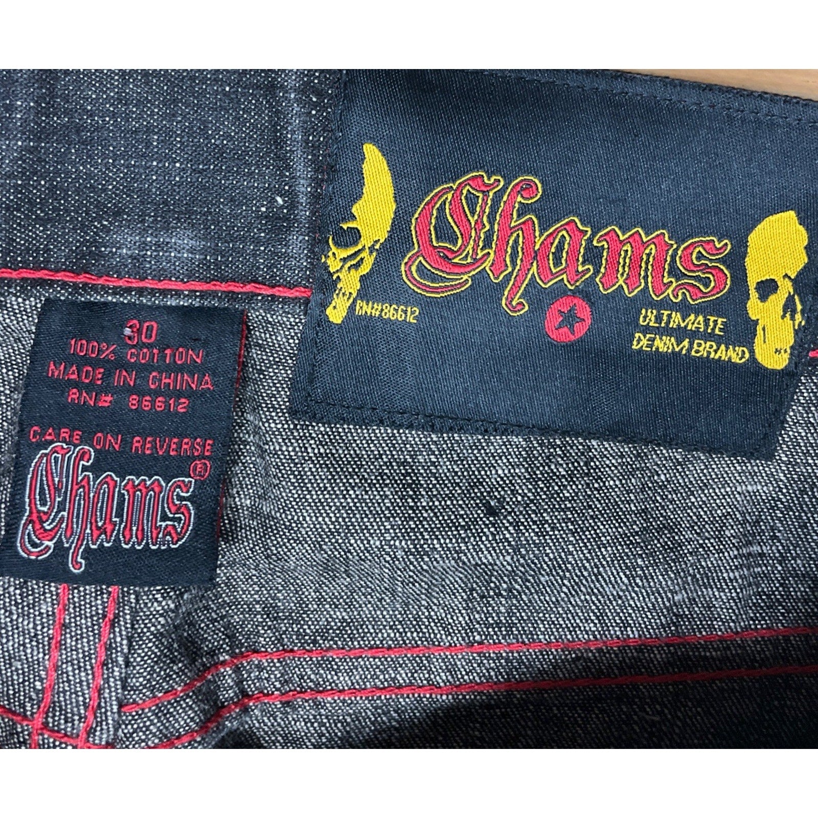 Chams Stitched Y2K Baggy Jeans Dark Wash Red Stitch Streetwear Wide Denim Sz 30