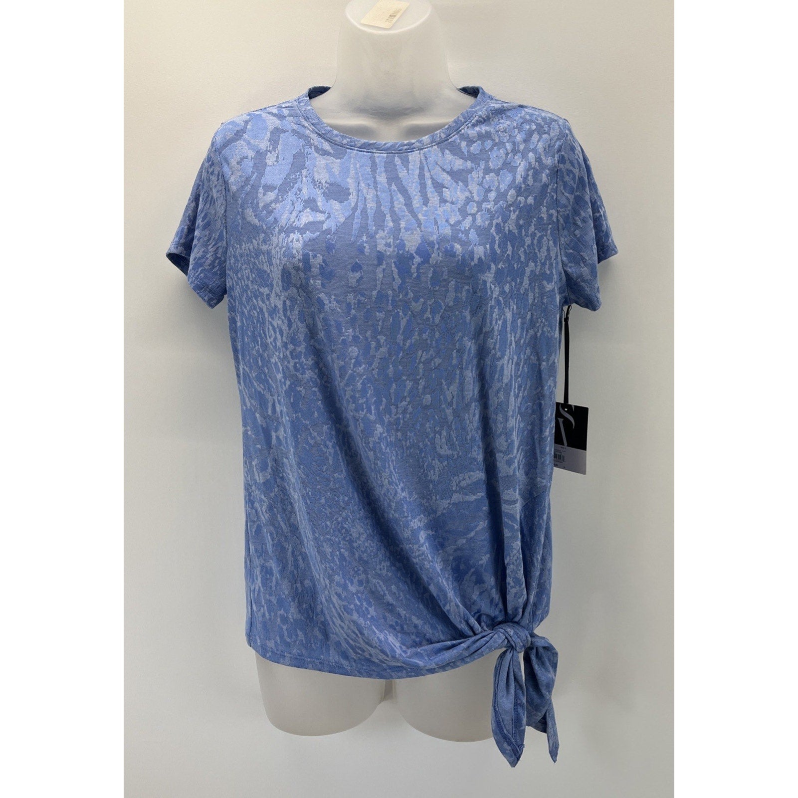 NWT Simply Vera Wang Tee Top Sash-Tie Waist Solid-Leopard Pattern Sz S Blue