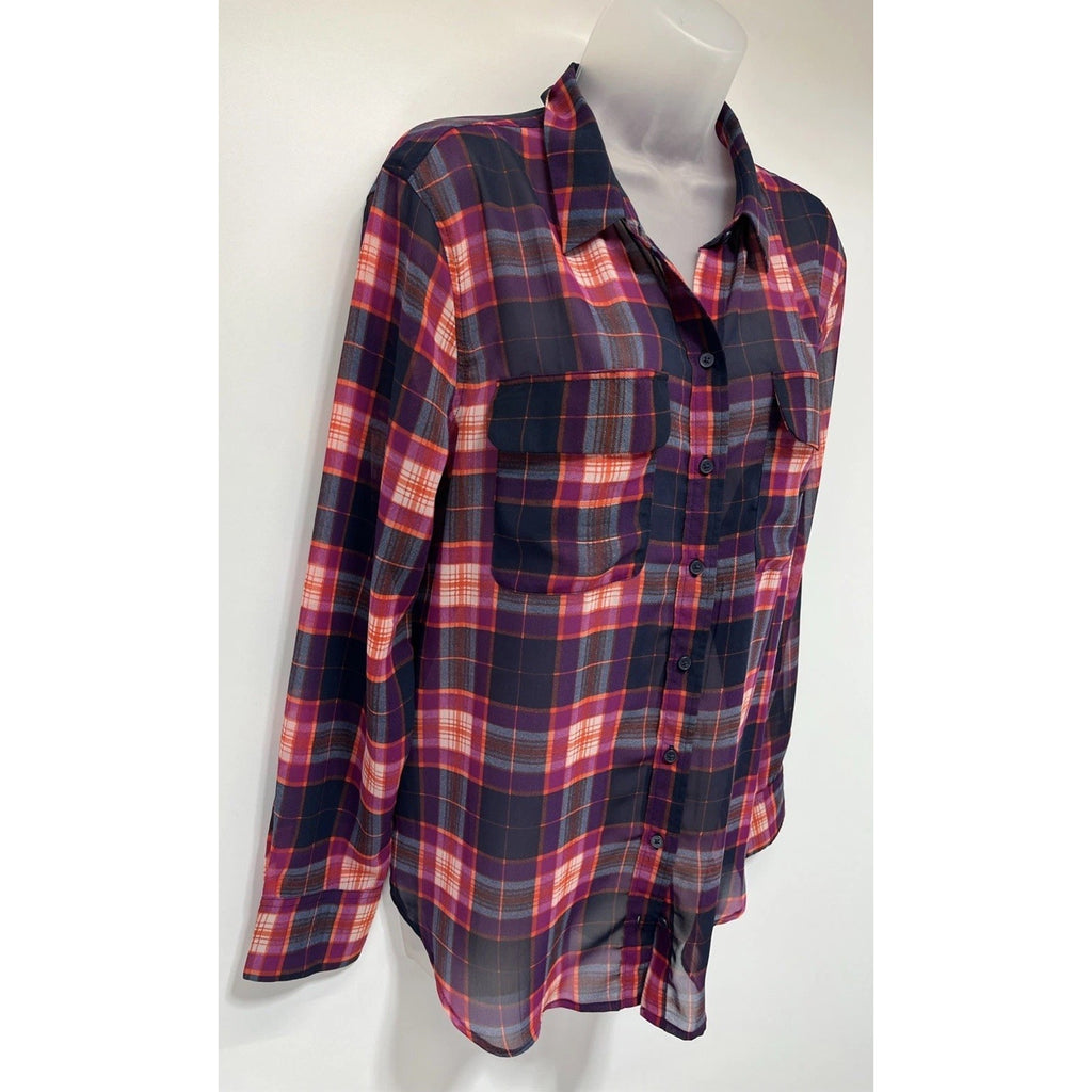 Banana Republic Factory Button-up Shirt Sheer Pink Blue Plaid Long Sleeve Lp