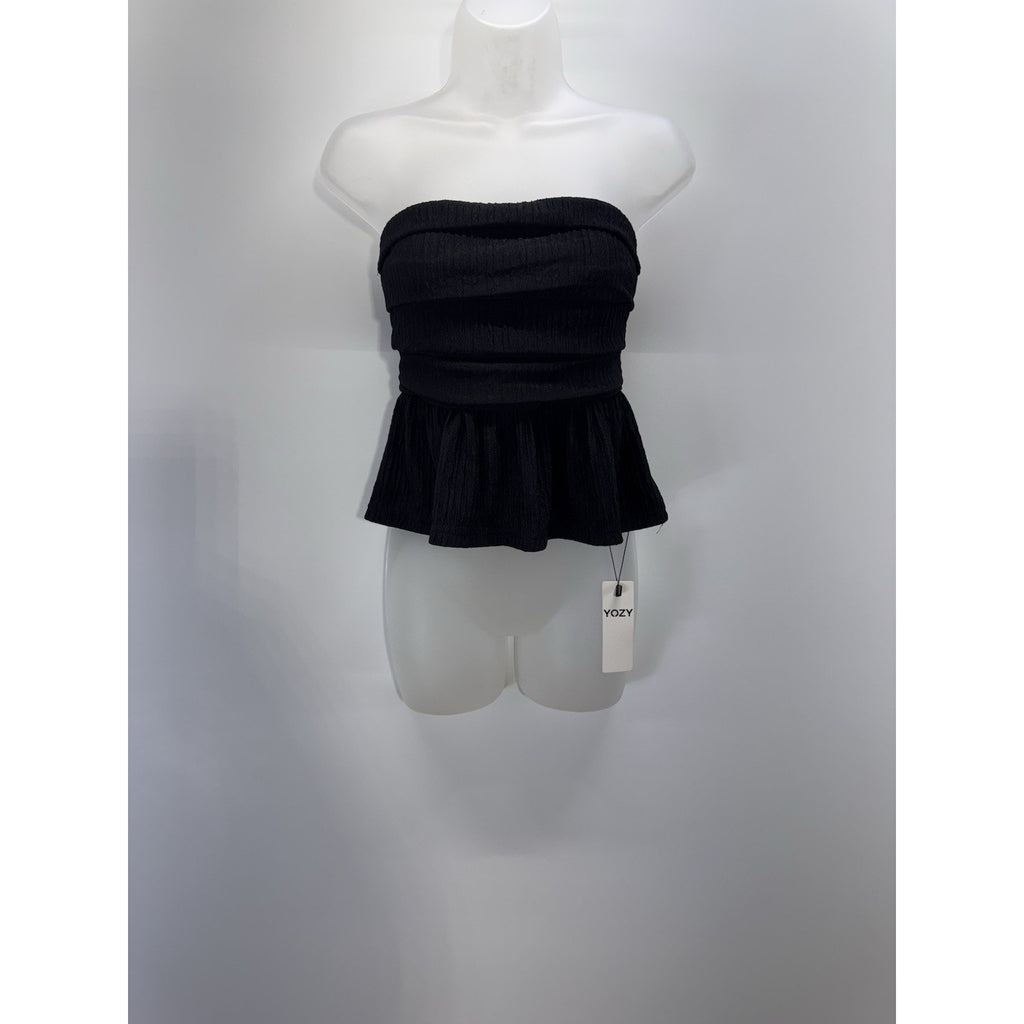 YOZY Strapless Peplum Top Women’s Medium Black Smocked Tube Bandeau NWT Y2K