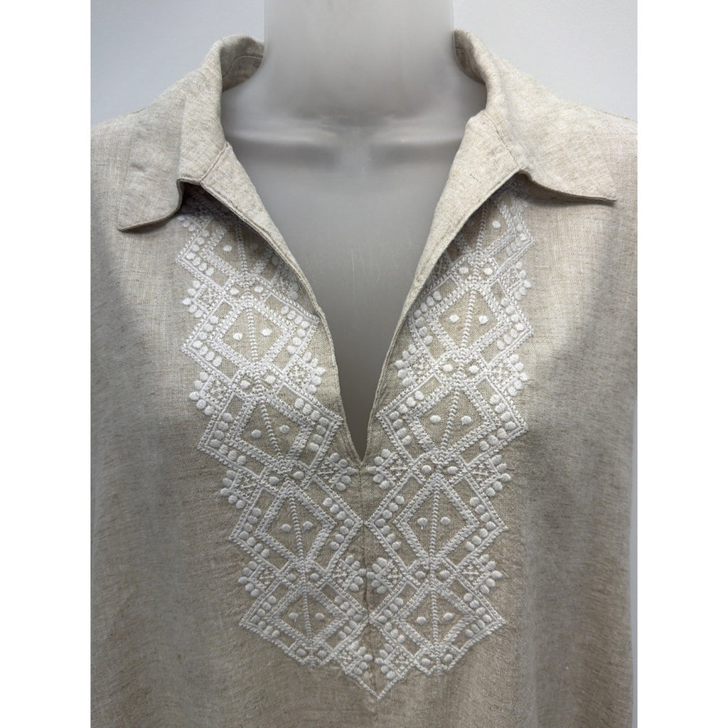 Banana Republic Biege Linen Dress Size XL Shift Midi White Embroidery