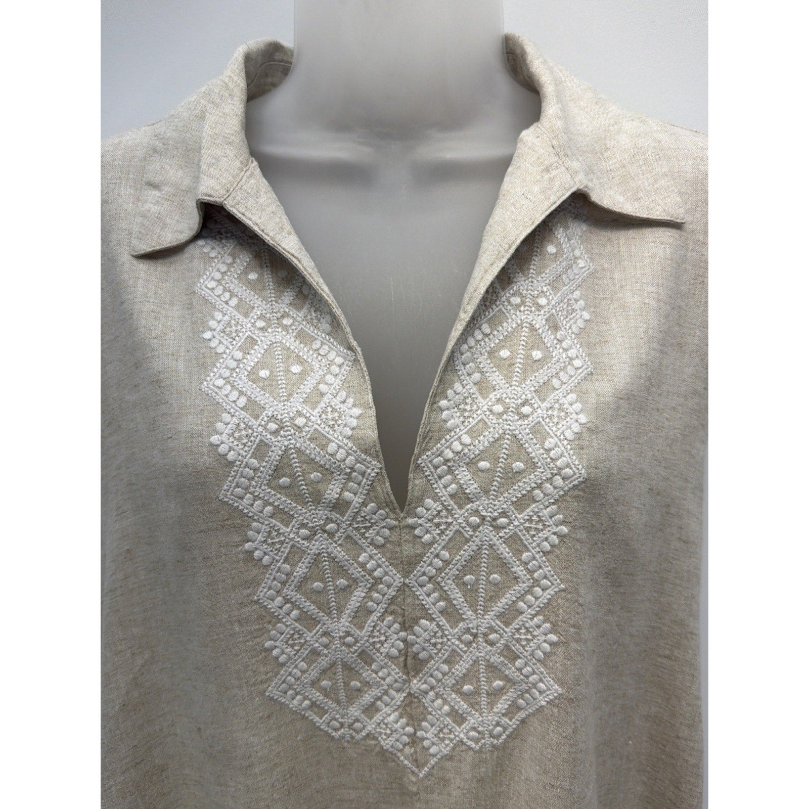 Banana Republic Biege Linen Dress Size XL Shift Midi White Embroidery