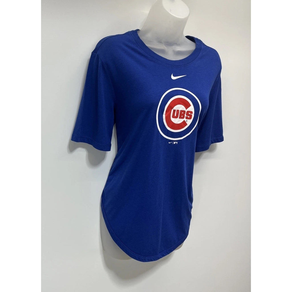 Chicago Cubs Nike Tee Women Size M Blue Short Sleeve Center Swoosh Curve Hem