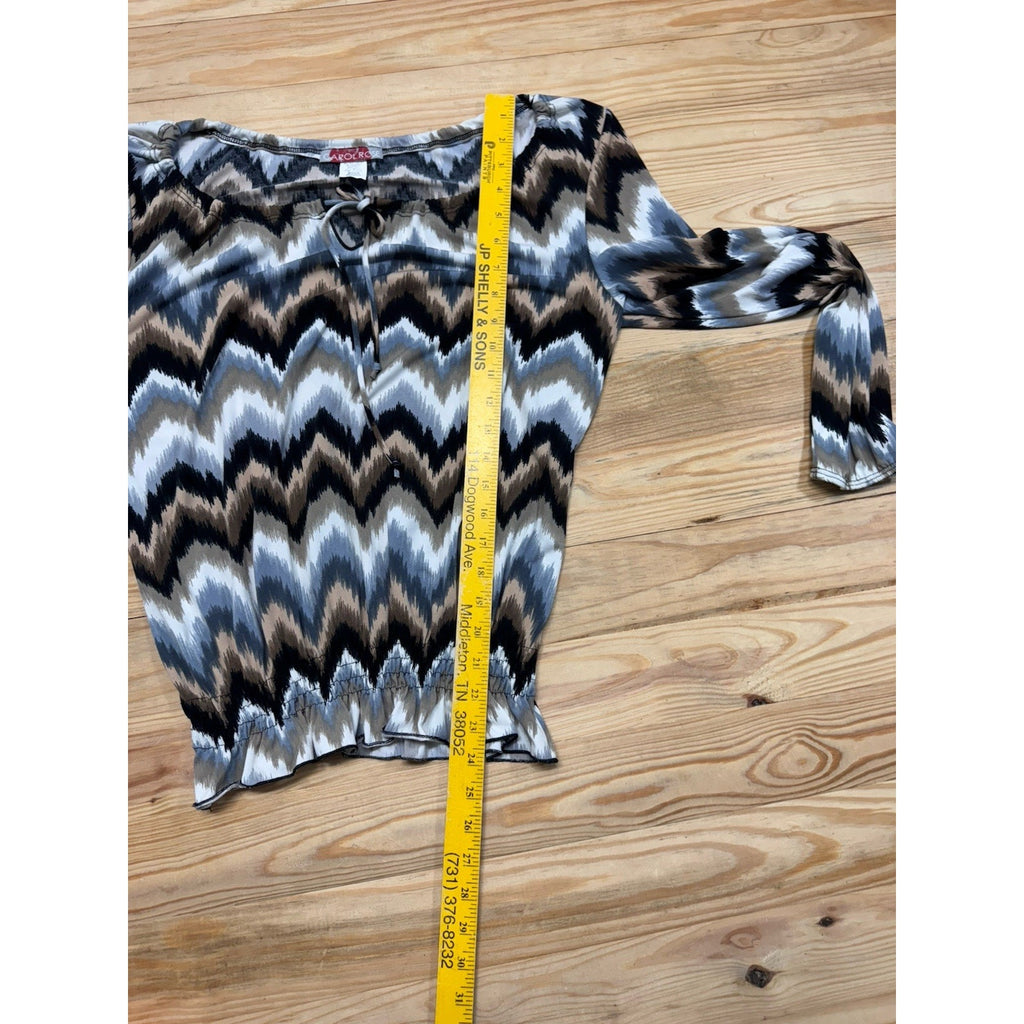 Carol Rose Blue Brown Chevron Keyhole Flounce 3/4 Sleeve Women’s Size M