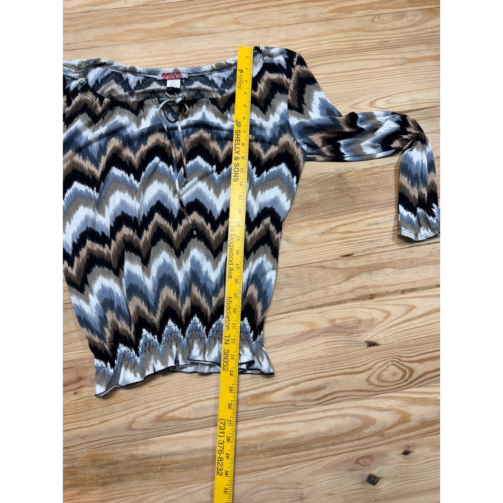 Carol Rose Blue Brown Chevron Keyhole Flounce 3/4 Sleeve Women’s Size M
