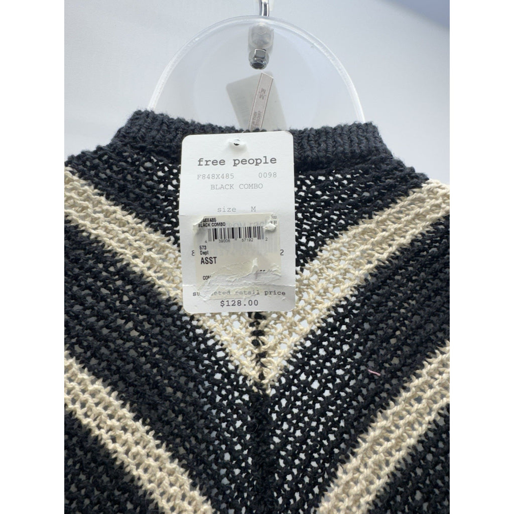 Free People Black Beige Chevron Striped Chunky Circle Cardigan Sweater Size Med
