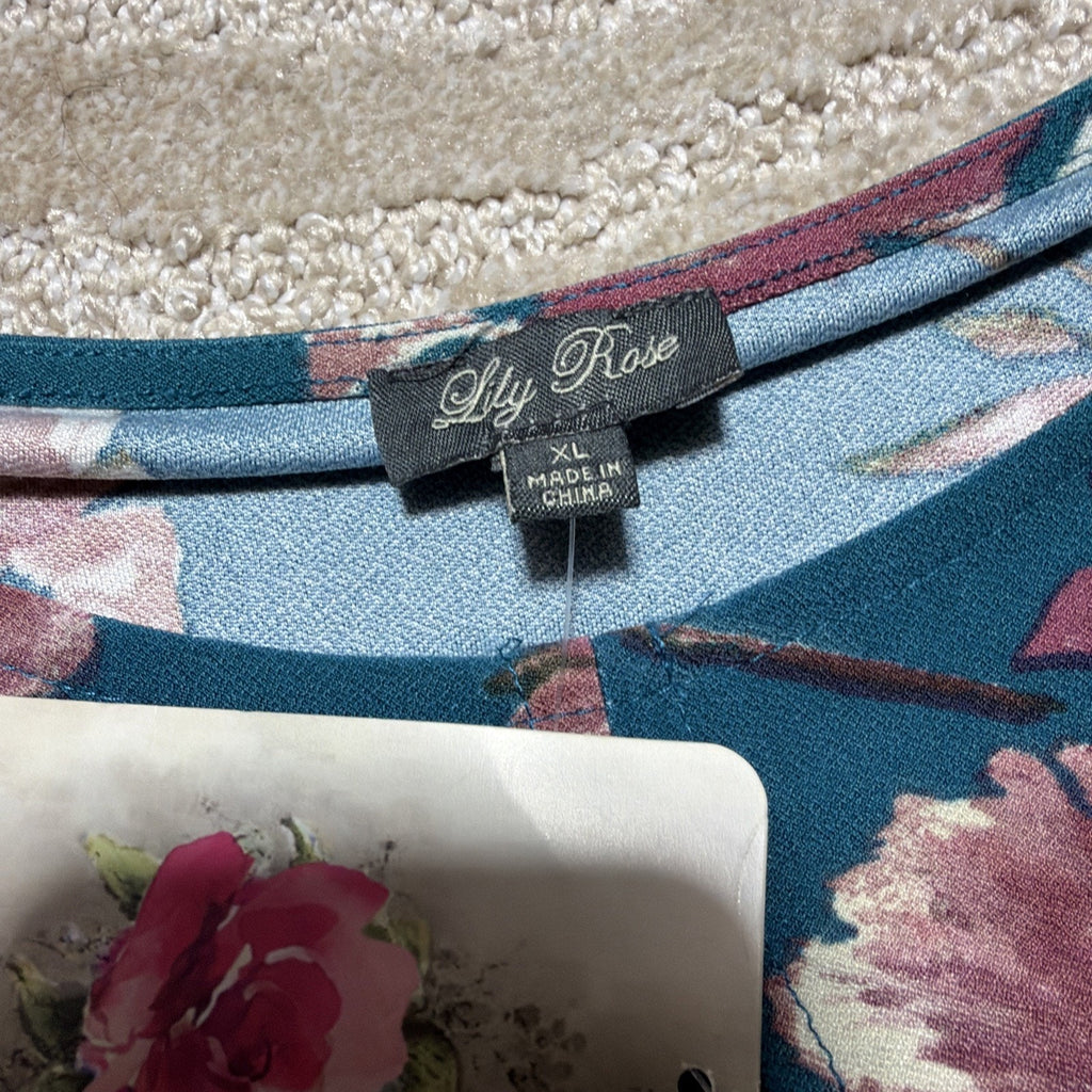Lily Rose Twist Front Swing Dress Teal Mauve Flowers Floral Midi Dress XL Stretc